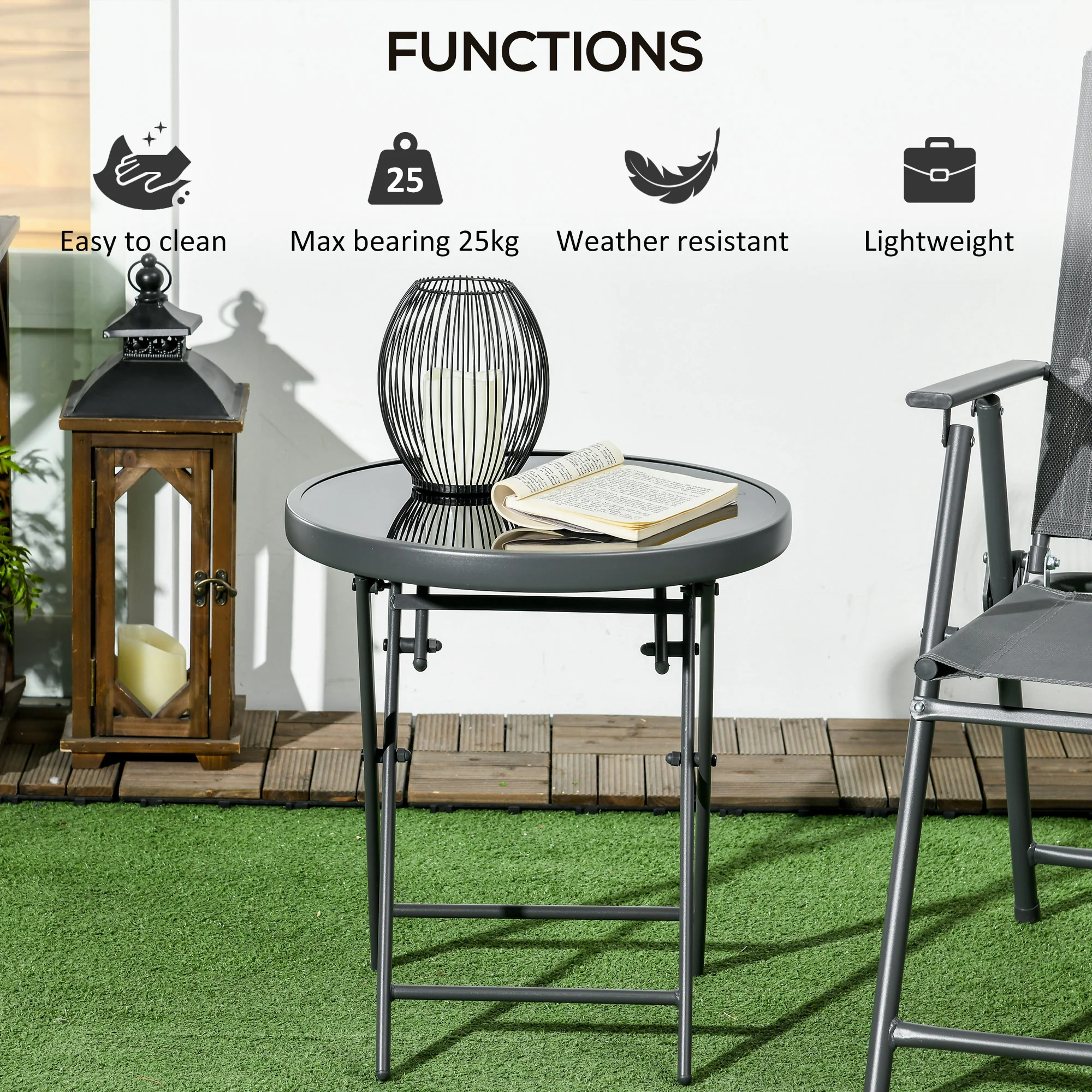 Outsunny Round Folding Side Table W/ Imitation Marble Glass Top, Black - Image 4