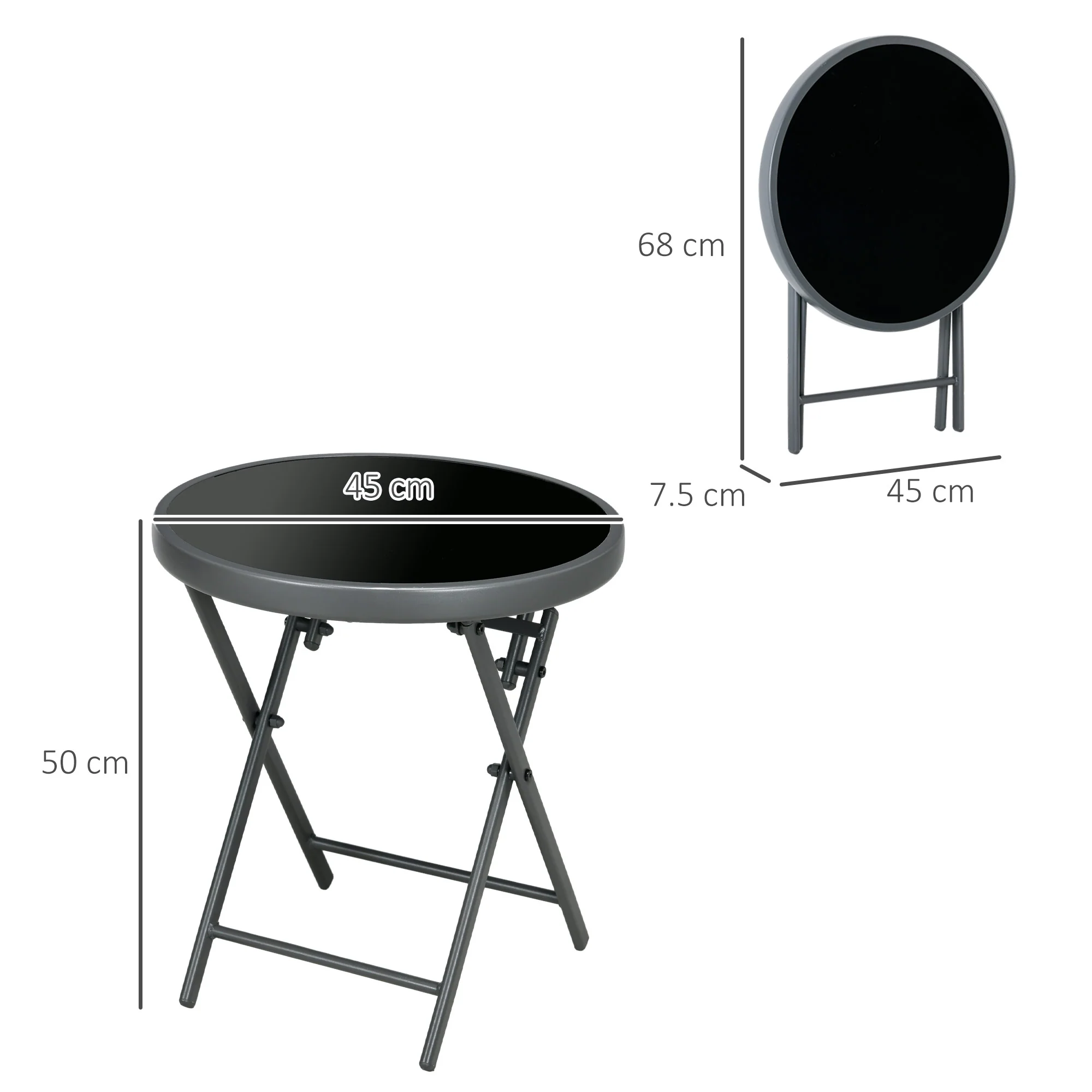 Outsunny Round Folding Side Table W/ Imitation Marble Glass Top, Black - Image 5