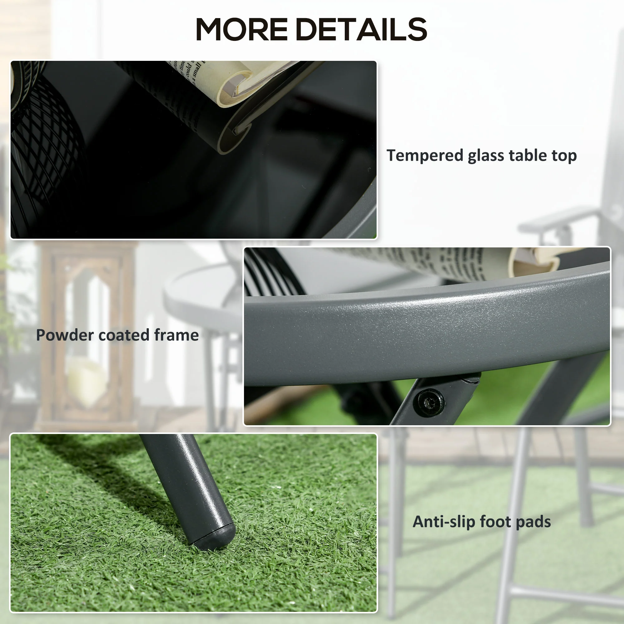 Outsunny Round Folding Side Table W/ Imitation Marble Glass Top, Black - Image 7