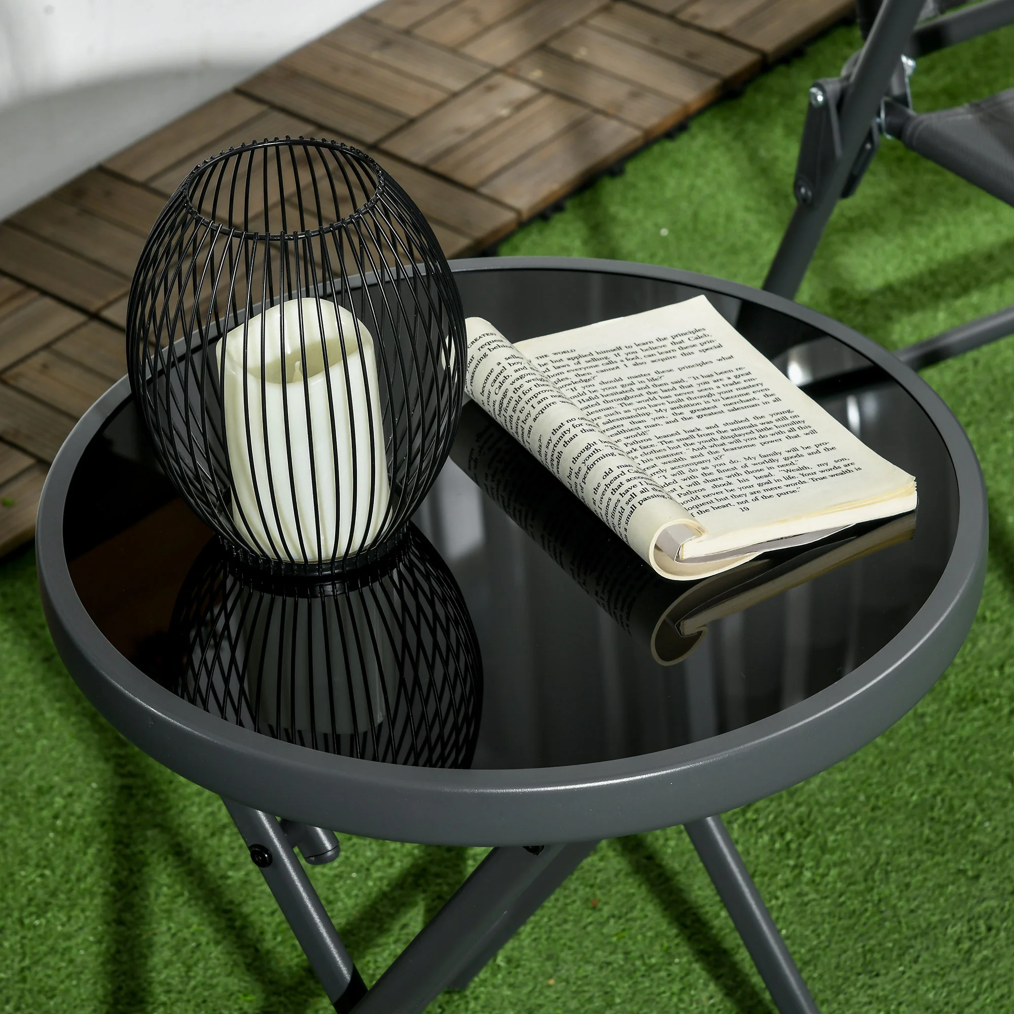 Outsunny Round Folding Side Table W/ Imitation Marble Glass Top, Black - Image 8