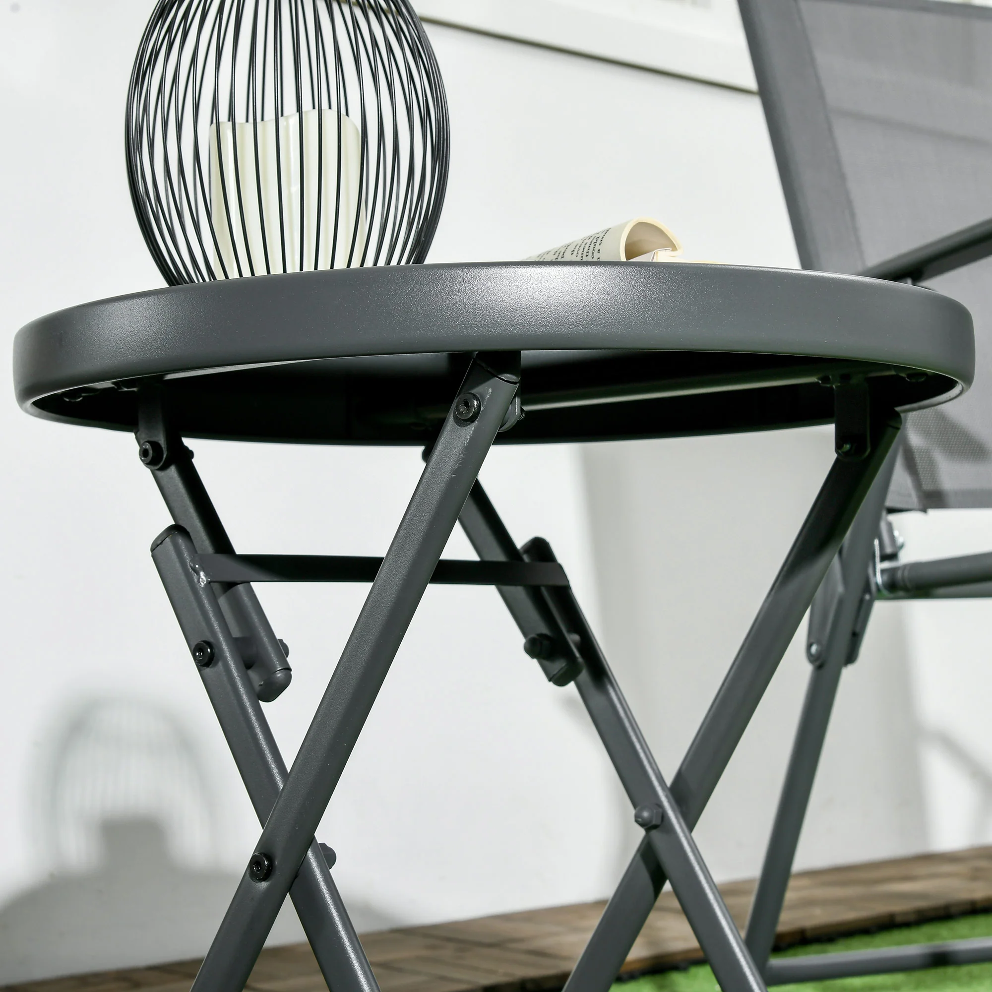 Outsunny Round Folding Side Table W/ Imitation Marble Glass Top, Black - Image 9