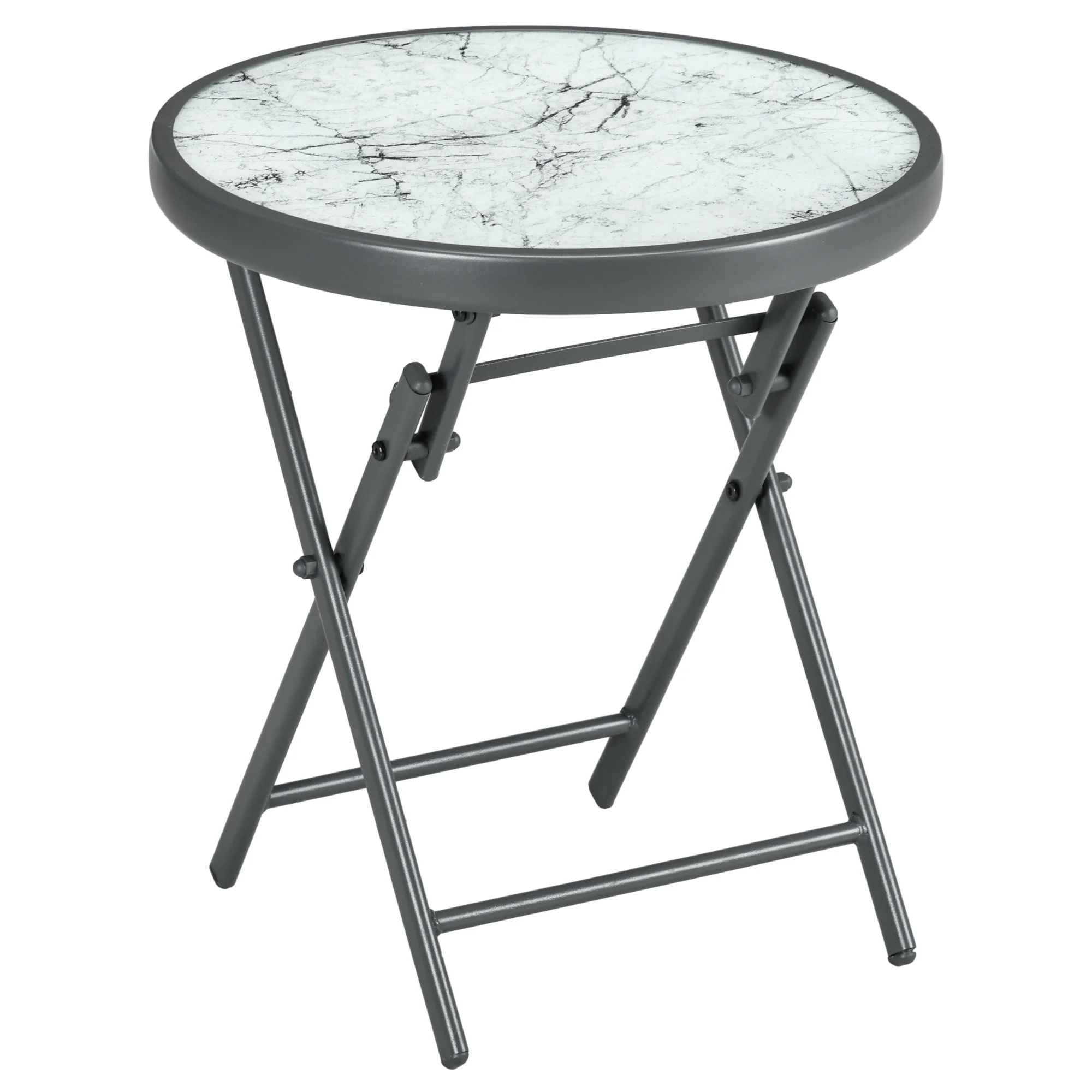 Outsunny Round Folding Side Table W/ Imitation Marble Glass Top, White