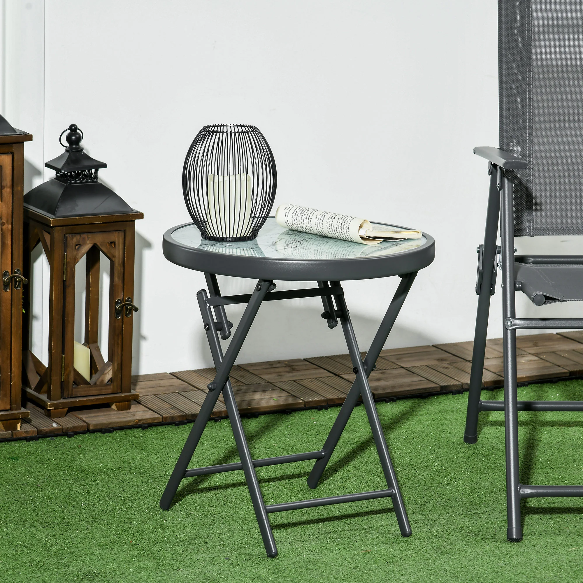 Outsunny Round Folding Side Table W/ Imitation Marble Glass Top, White - Image 2