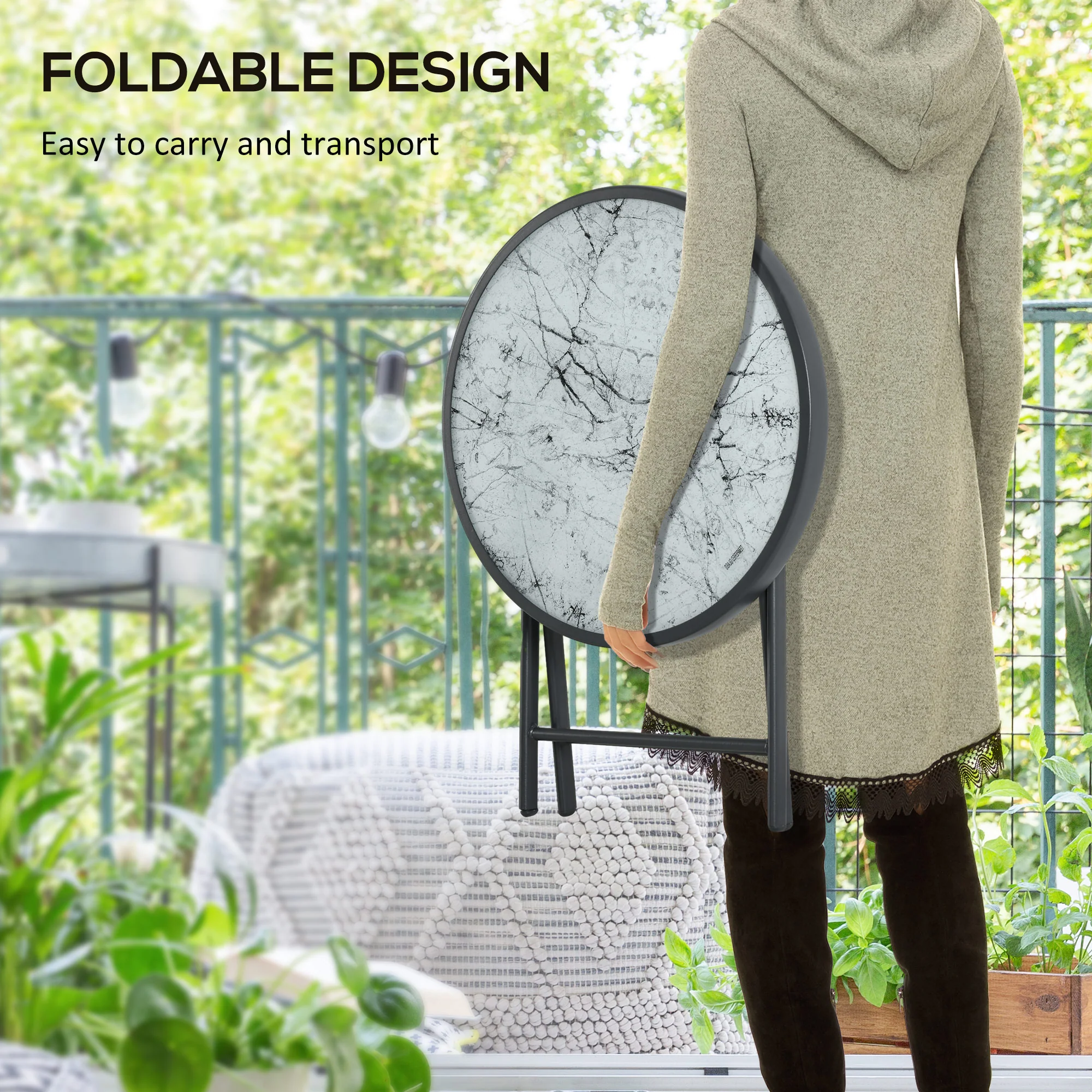 Outsunny Round Folding Side Table W/ Imitation Marble Glass Top, White - Image 3