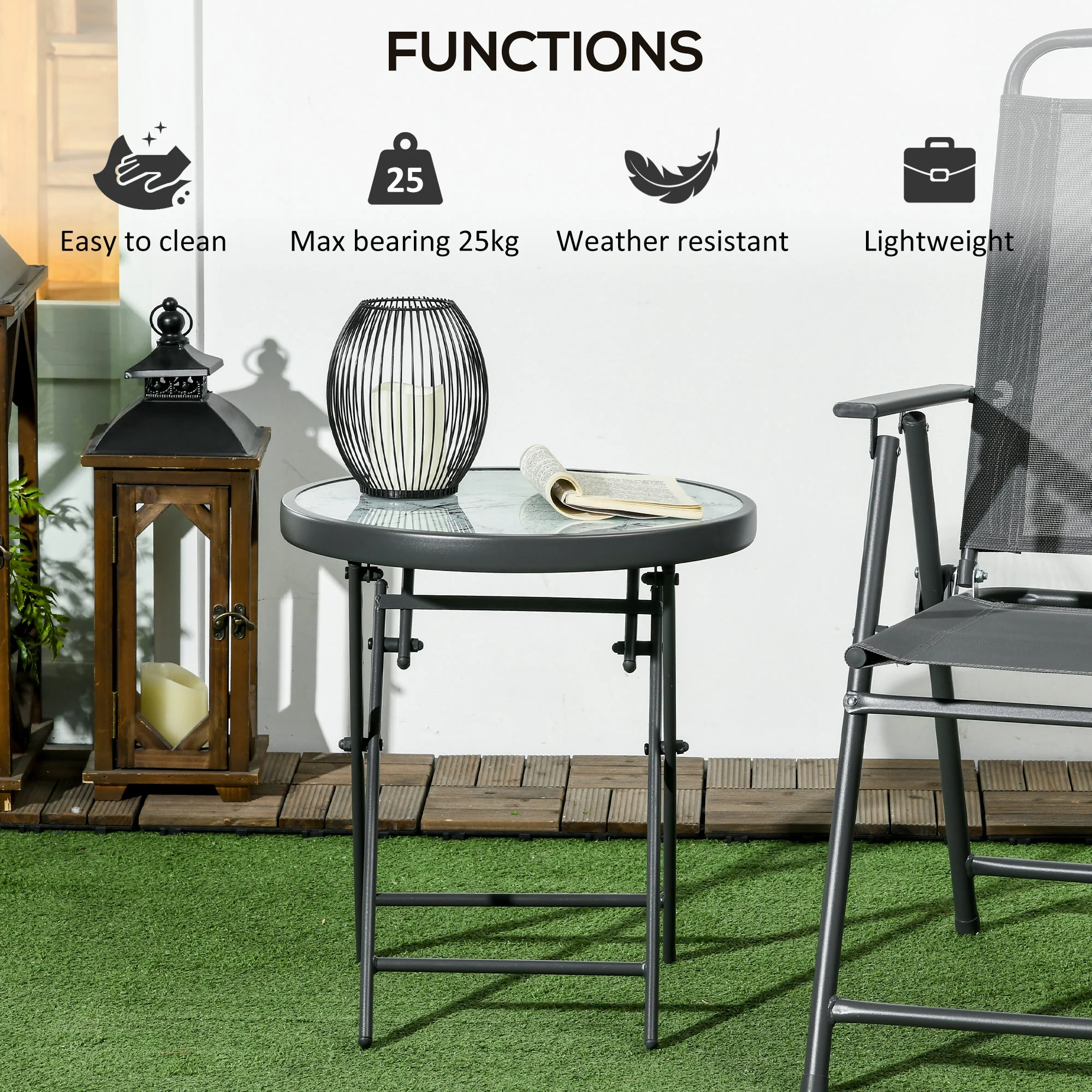 Outsunny Round Folding Side Table W/ Imitation Marble Glass Top, White - Image 4