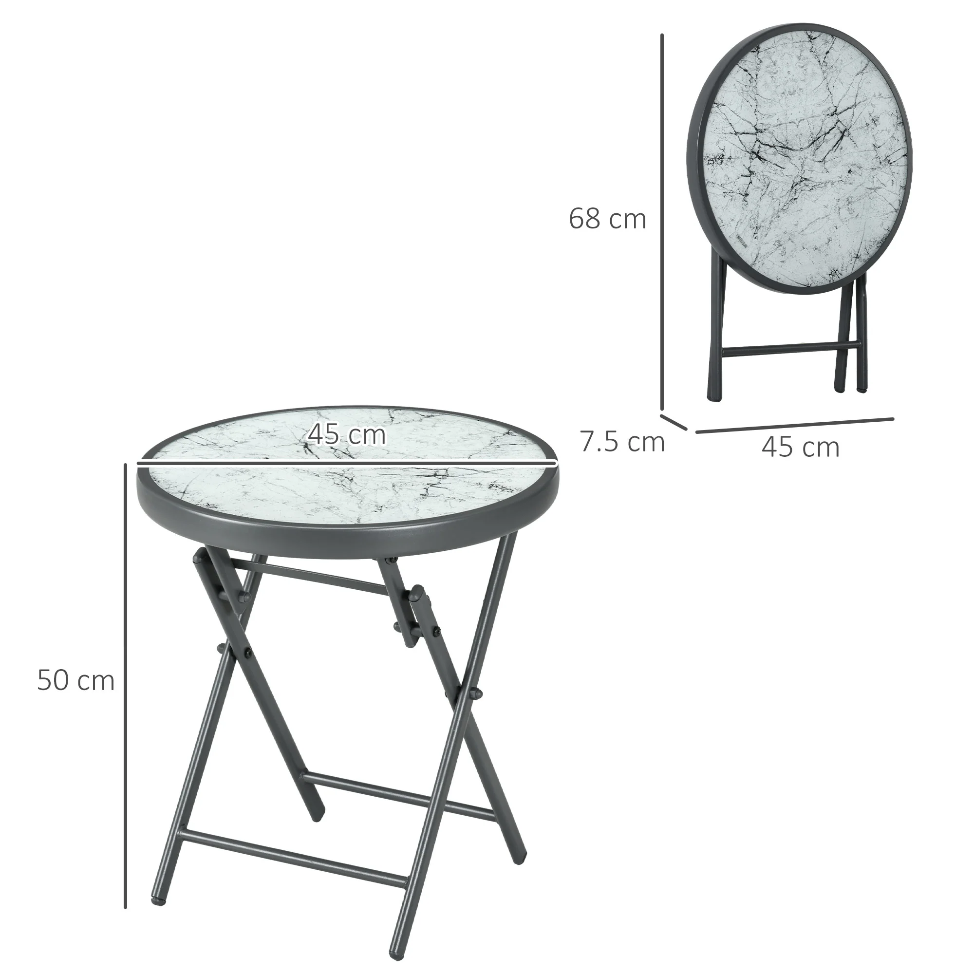 Outsunny Round Folding Side Table W/ Imitation Marble Glass Top, White - Image 5