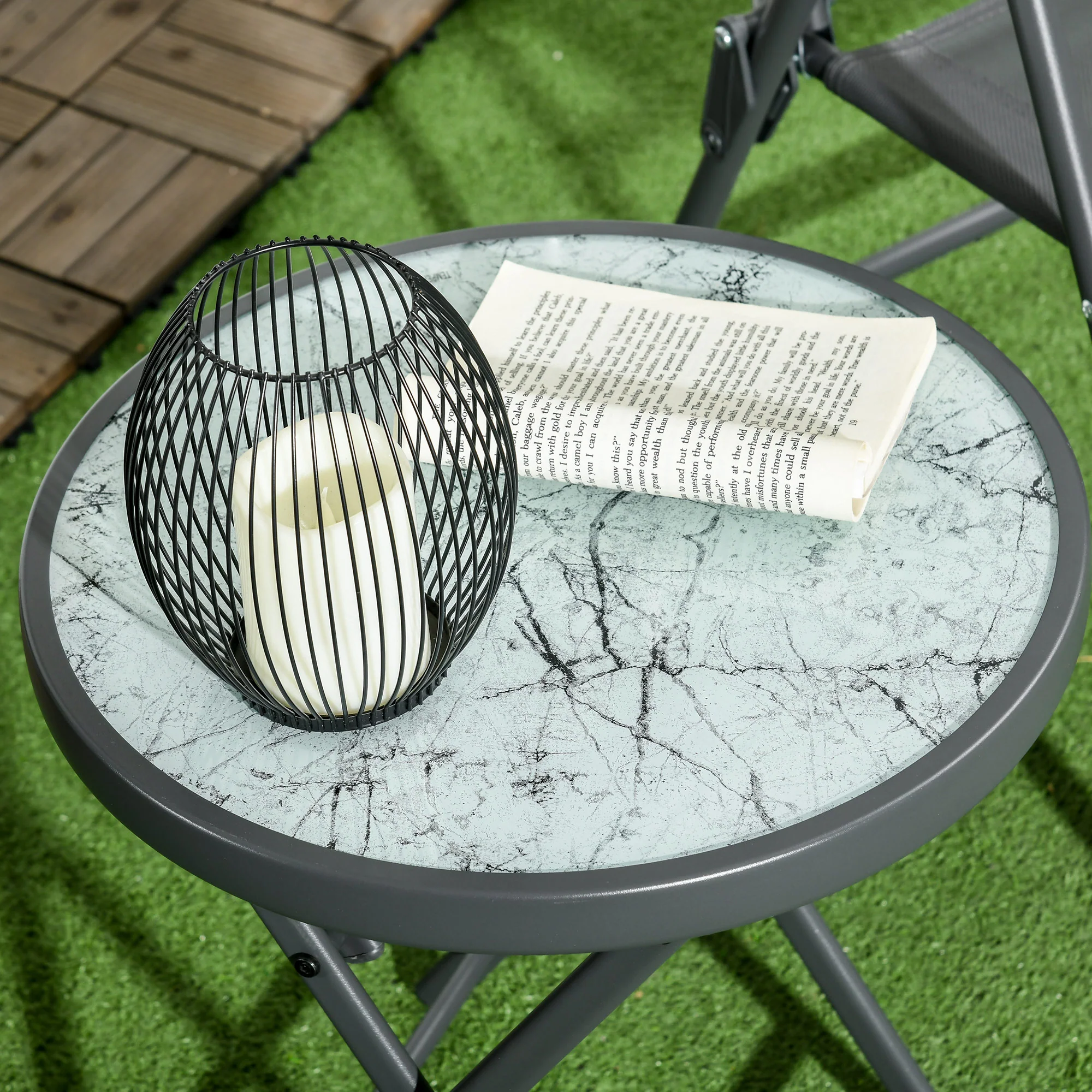 Outsunny Round Folding Side Table W/ Imitation Marble Glass Top, White - Image 8