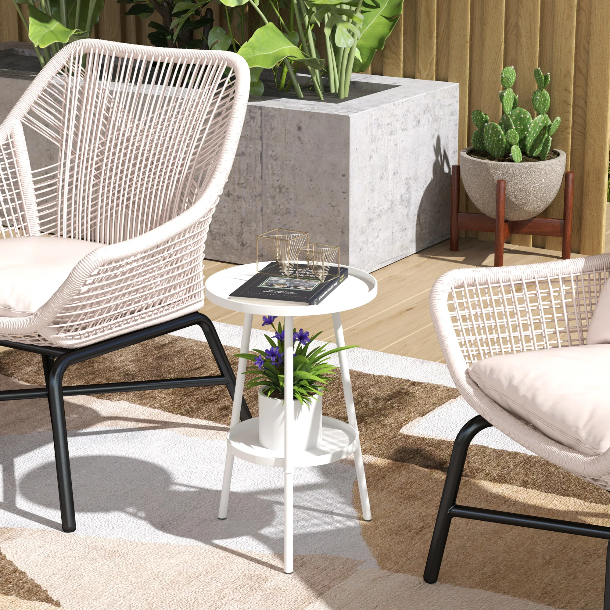 Outsunny Round Garden Table, 2-Tier Metal Patio Table Coffee Table, White - Image 2