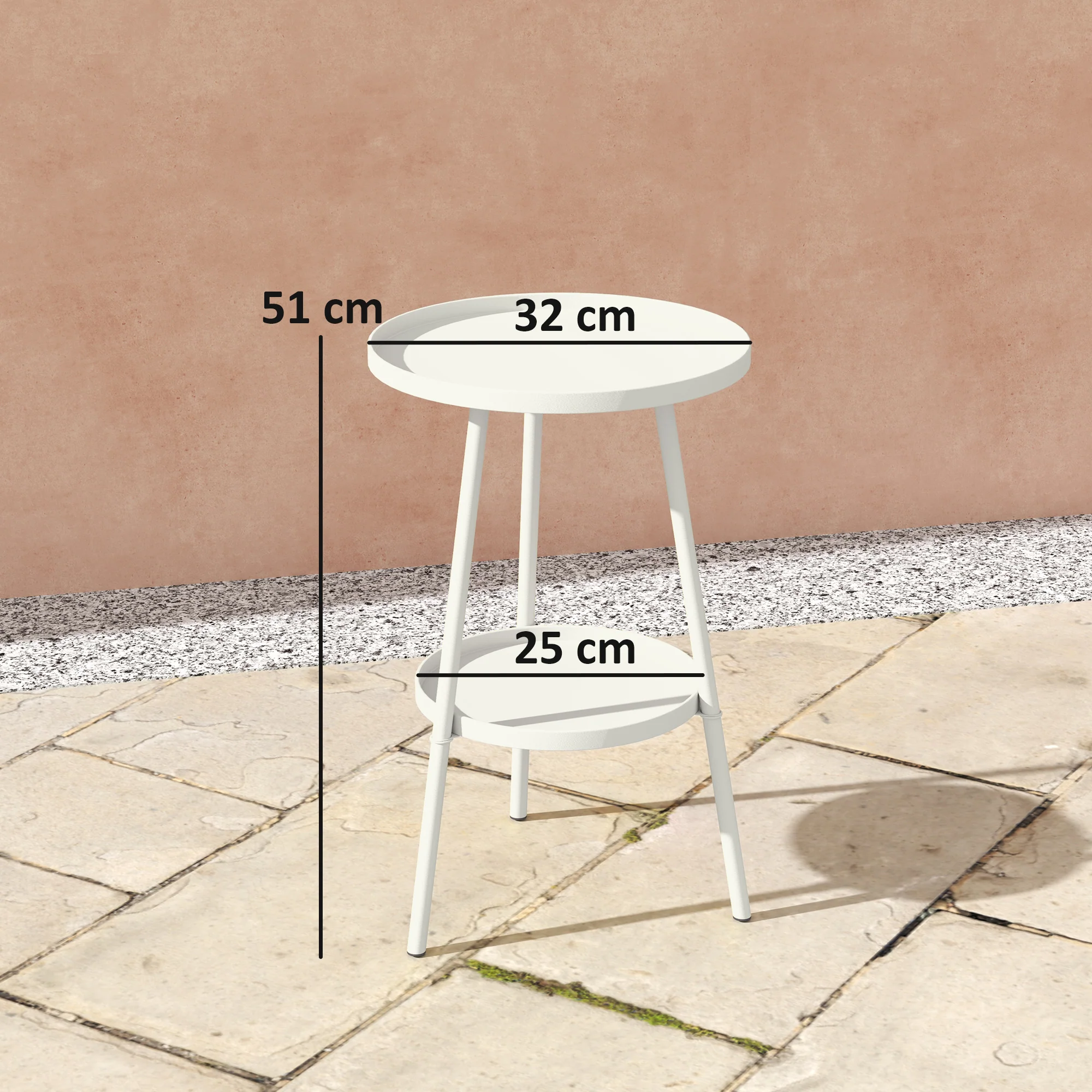 Outsunny Round Garden Table, 2-Tier Metal Patio Table Coffee Table, White - Image 3