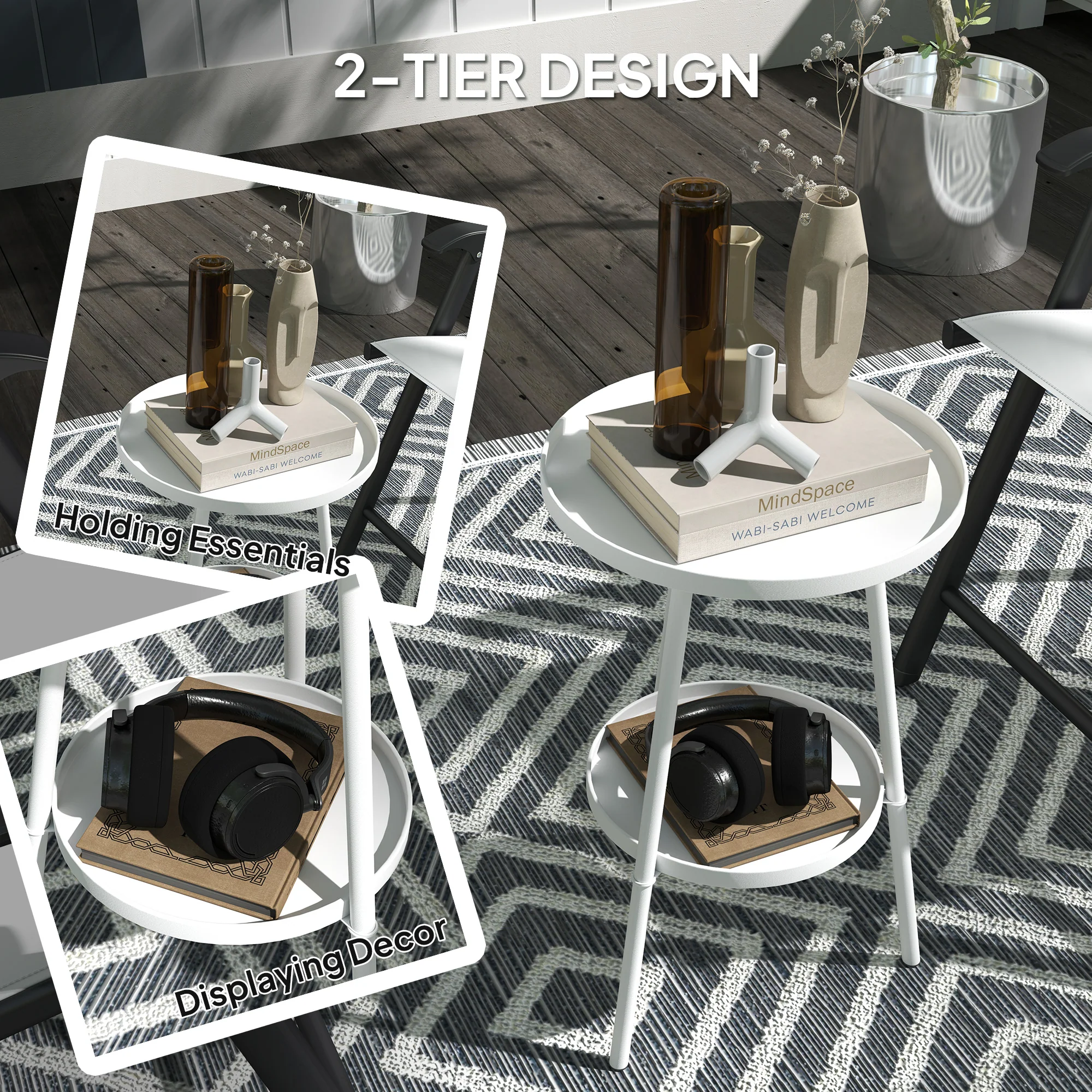 Outsunny Round Garden Table, 2-Tier Metal Patio Table Coffee Table, White - Image 4
