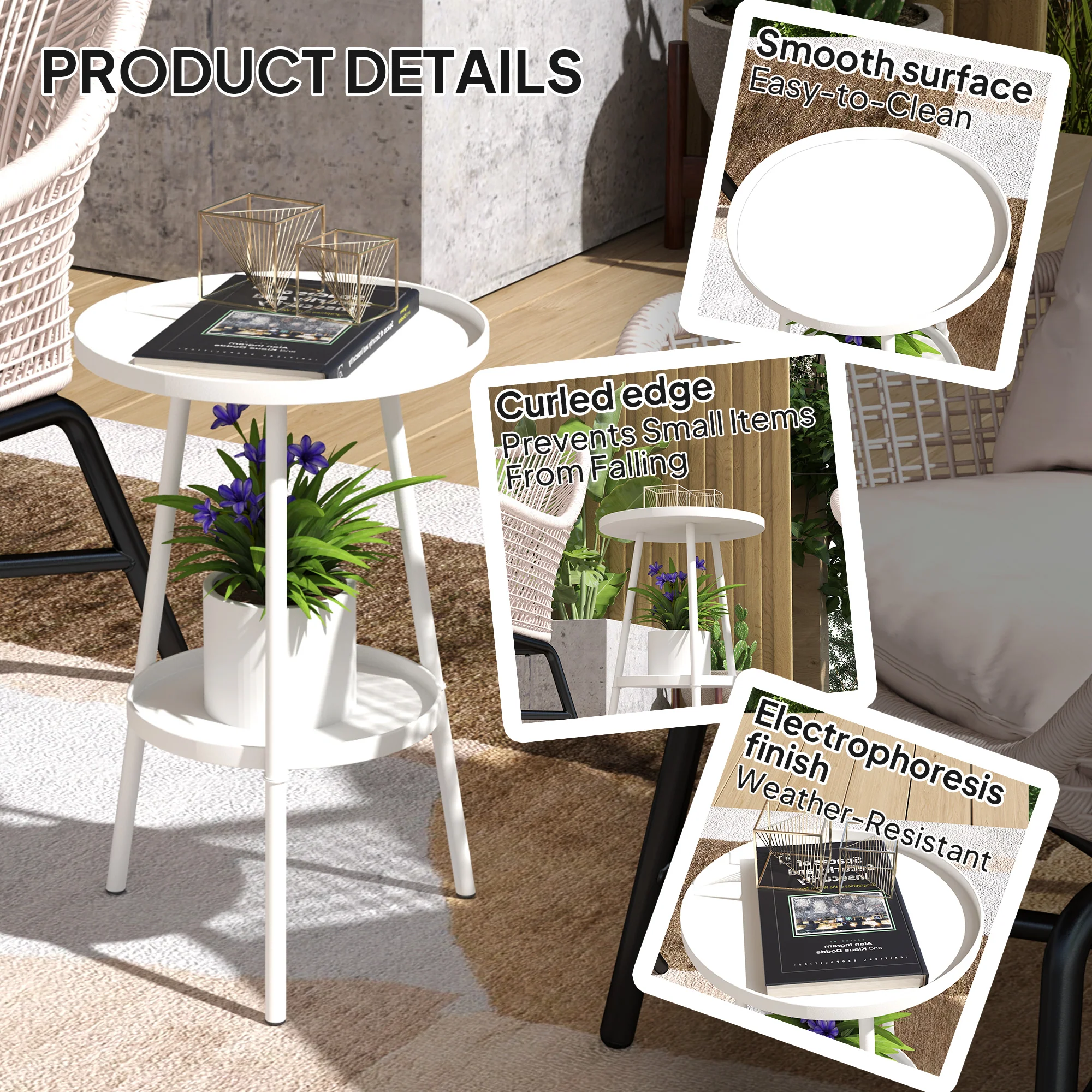 Outsunny Round Garden Table, 2-Tier Metal Patio Table Coffee Table, White - Image 5