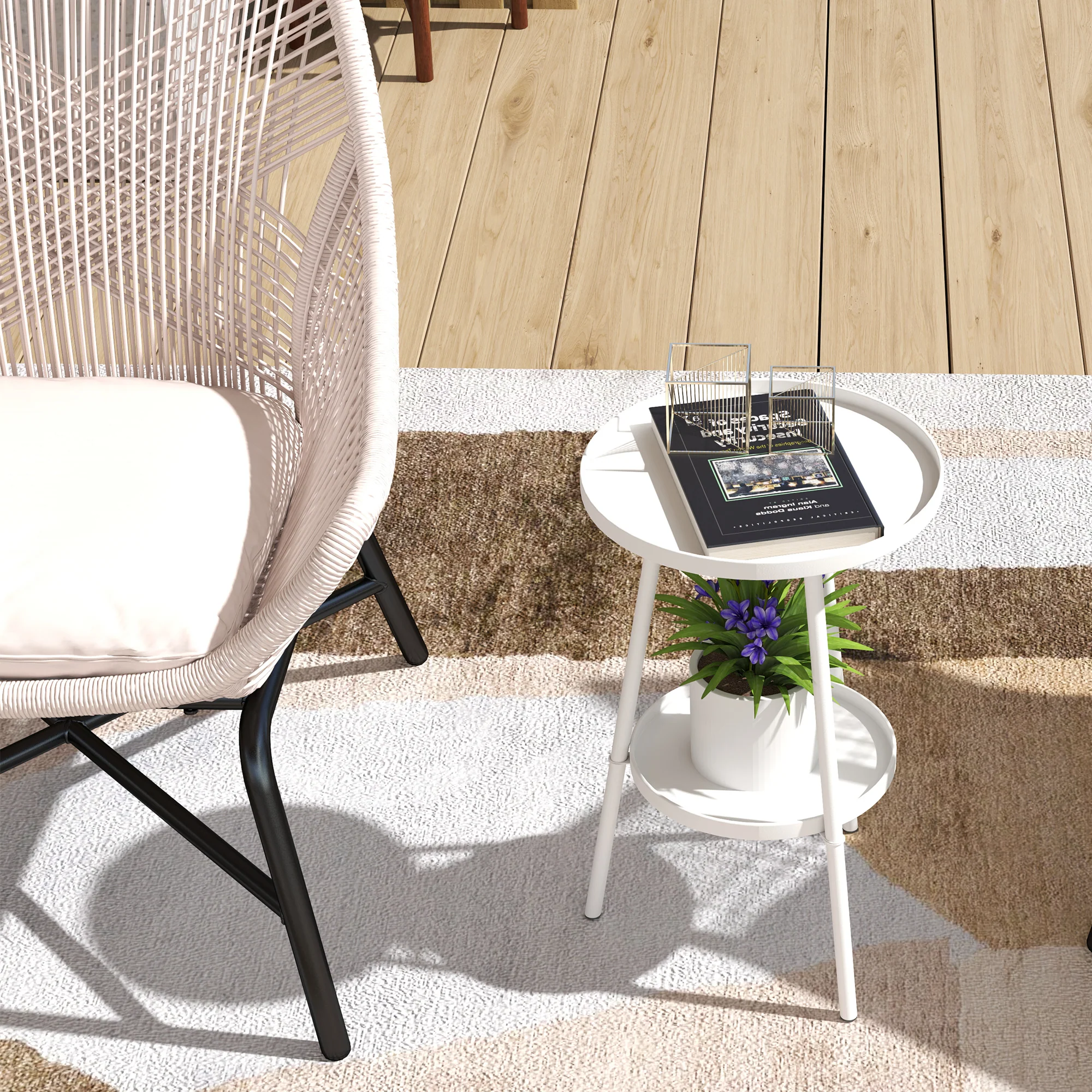 Outsunny Round Garden Table, 2-Tier Metal Patio Table Coffee Table, White - Image 9