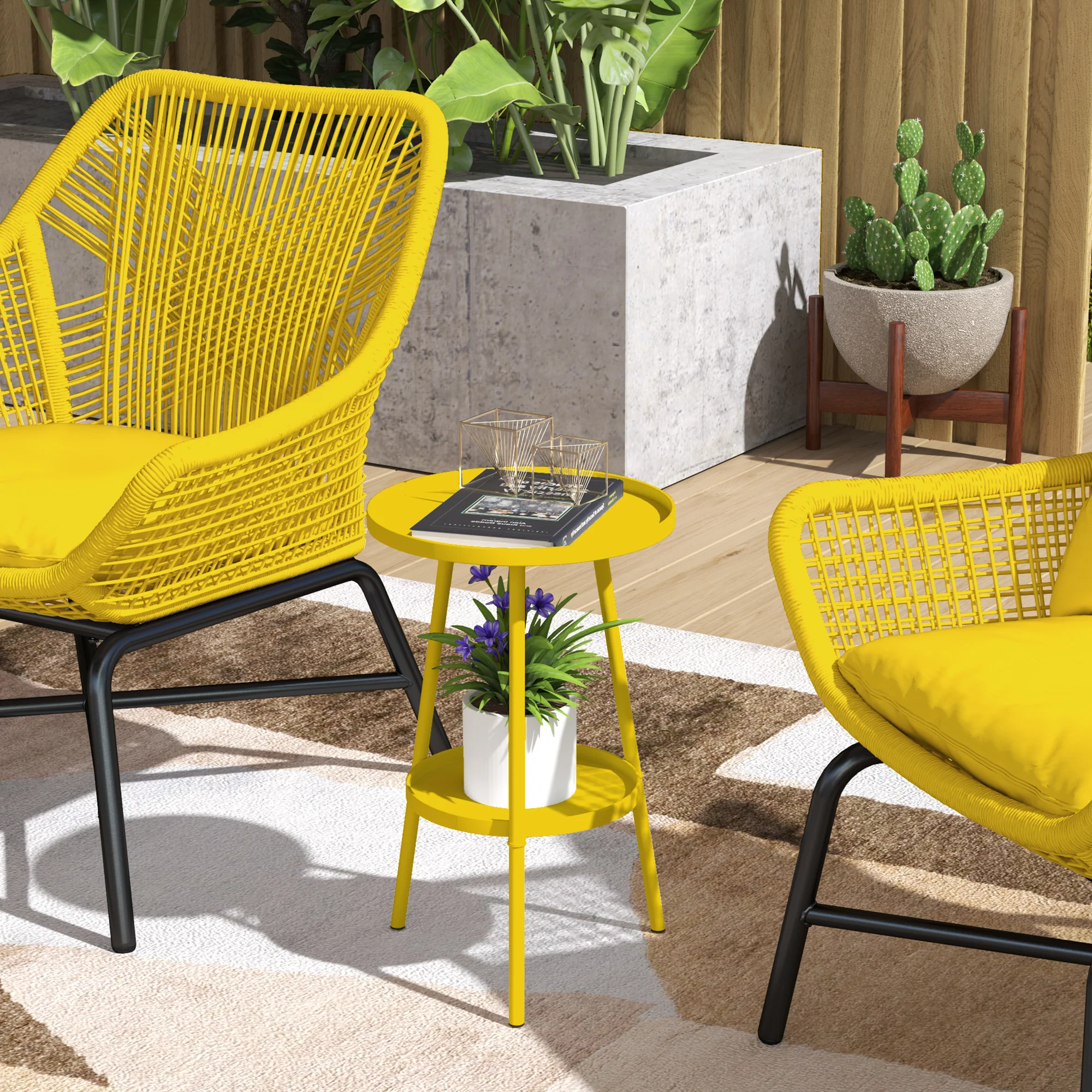 Outsunny Round Garden Table, 2-Tier Metal Patio Table Coffee Table, Yellow - Image 2