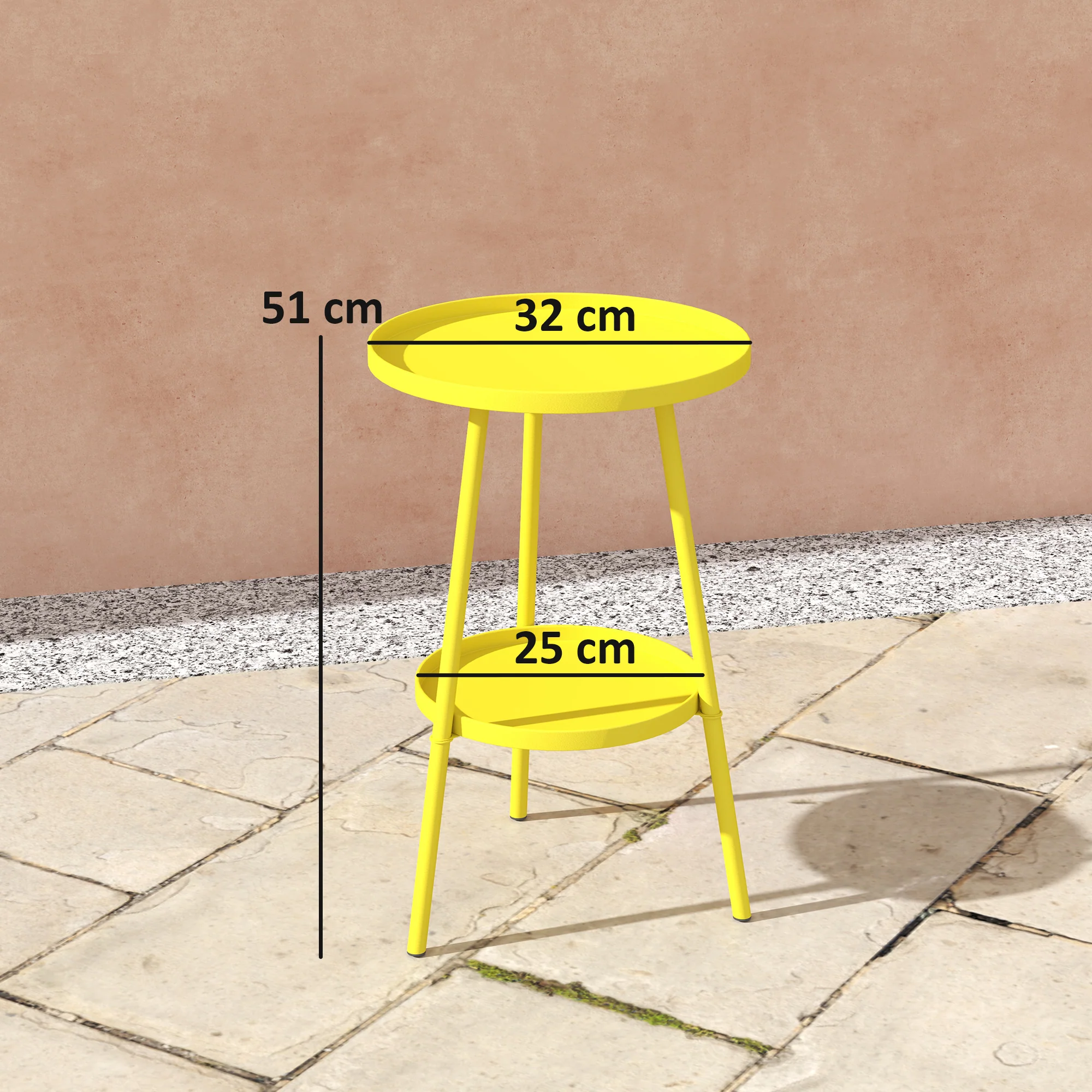 Outsunny Round Garden Table, 2-Tier Metal Patio Table Coffee Table, Yellow - Image 3