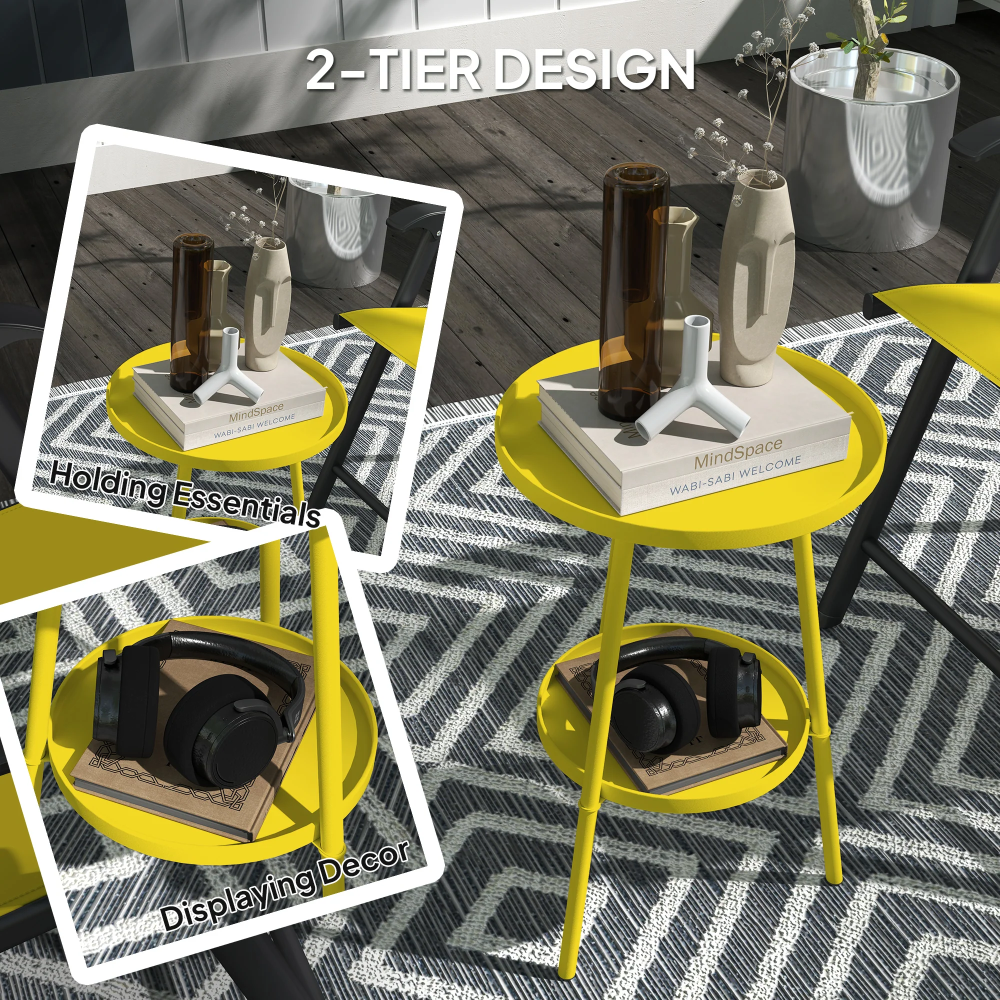 Outsunny Round Garden Table, 2-Tier Metal Patio Table Coffee Table, Yellow - Image 4