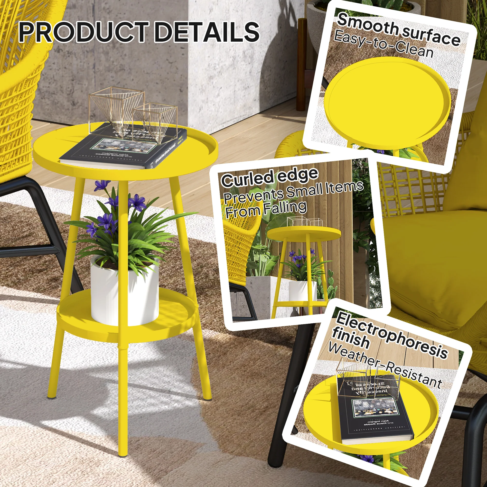 Outsunny Round Garden Table, 2-Tier Metal Patio Table Coffee Table, Yellow - Image 5