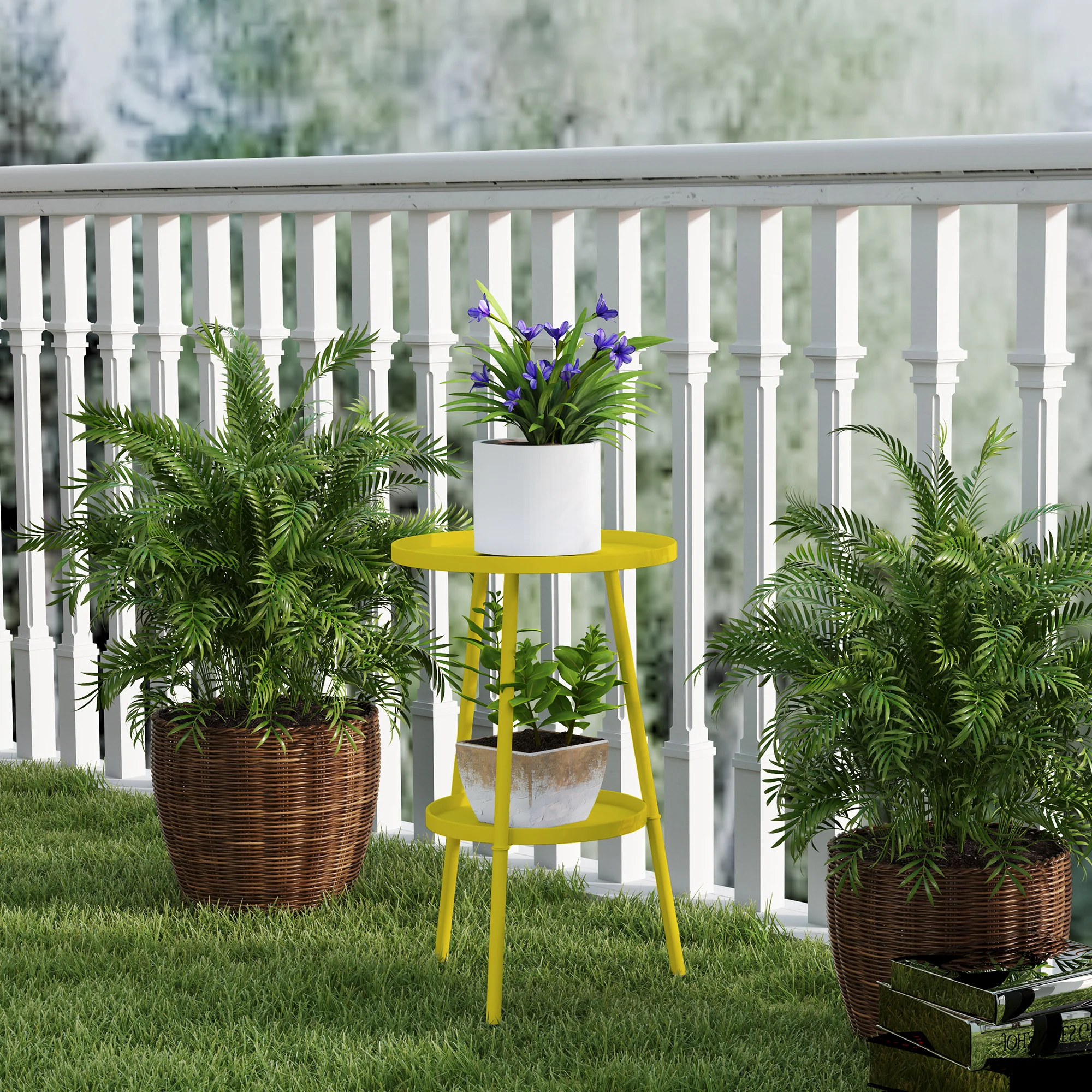 Outsunny Round Garden Table, 2-Tier Metal Patio Table Coffee Table, Yellow - Image 7