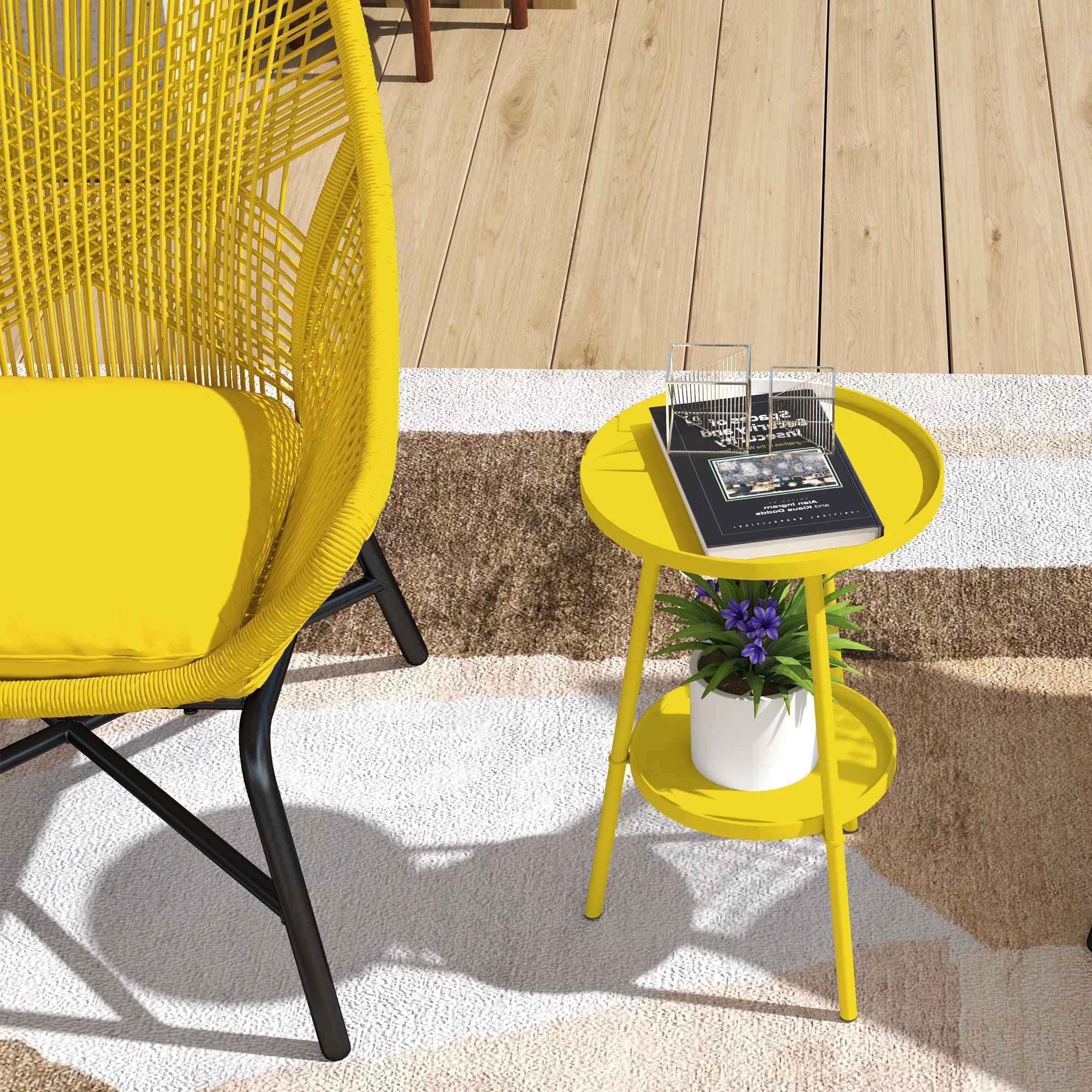 Outsunny Round Garden Table, 2-Tier Metal Patio Table Coffee Table, Yellow - Image 9
