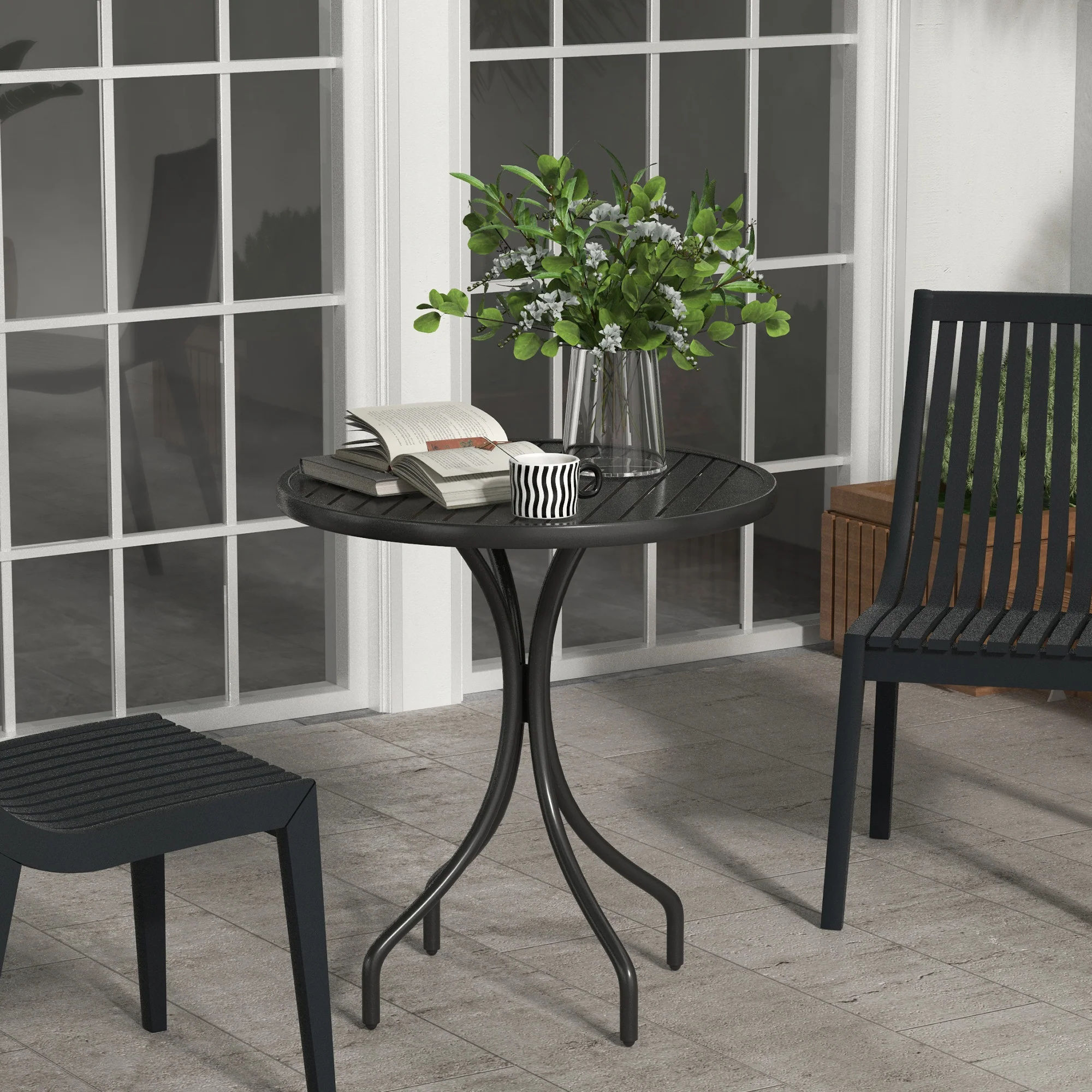 Outsunny Round Garden Table Outdoor Side Table with Steel Frame Slat Top Black - Image 2