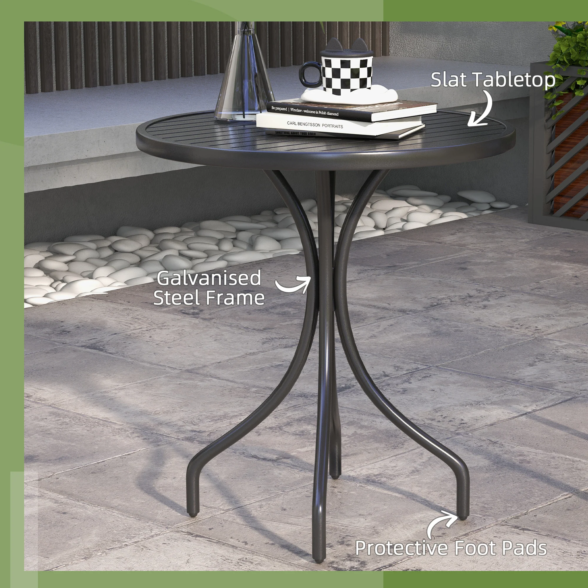 Outsunny Round Garden Table Outdoor Side Table with Steel Frame Slat Top Black - Image 3