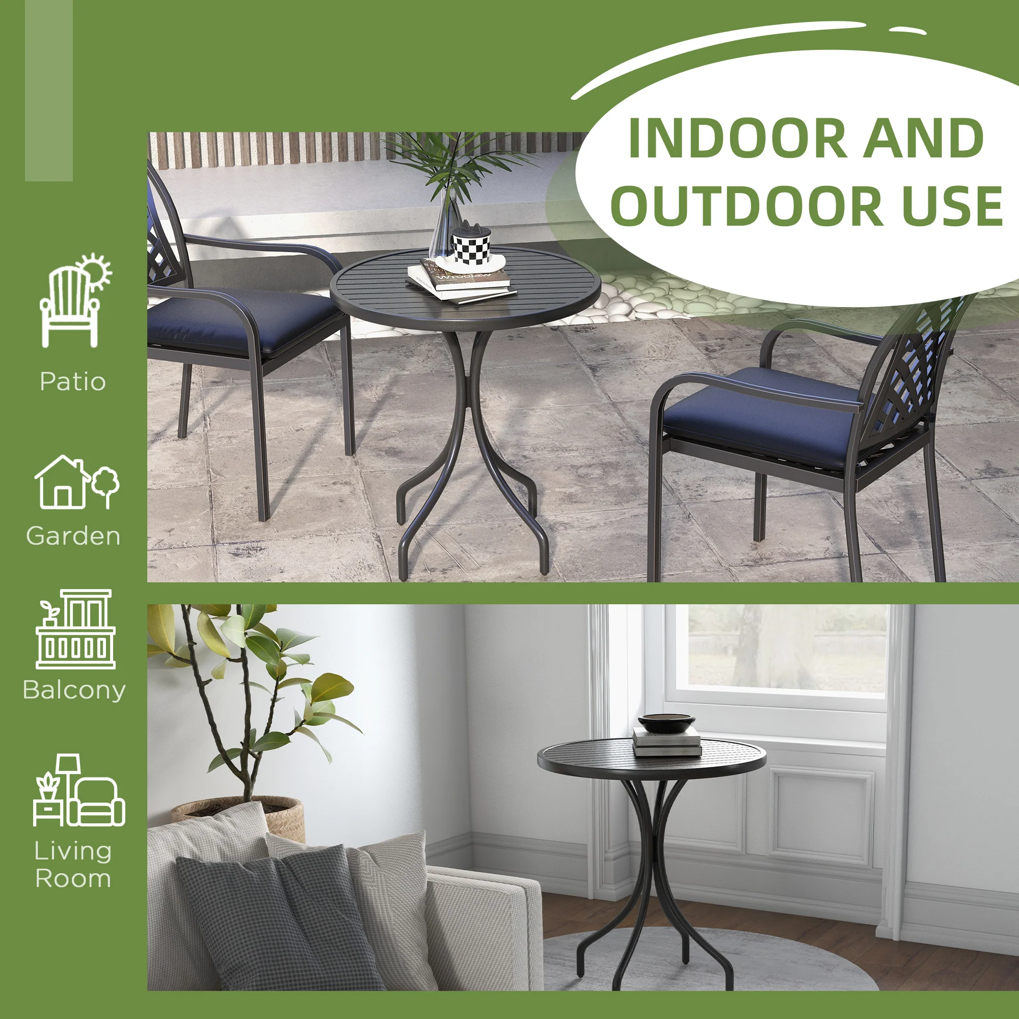 Outsunny Round Garden Table Outdoor Side Table with Steel Frame Slat Top Black - Image 4