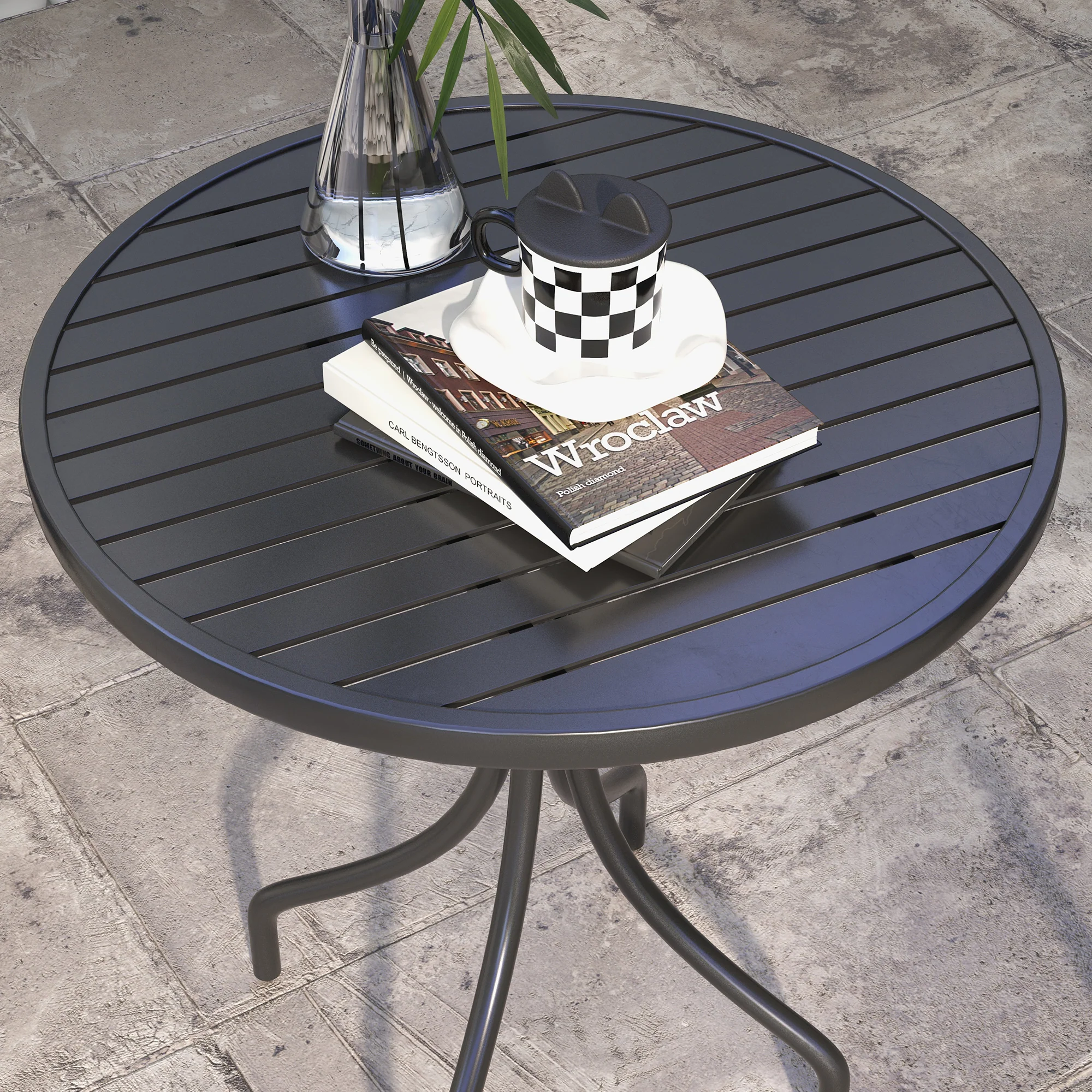 Outsunny Round Garden Table Outdoor Side Table with Steel Frame Slat Top Black - Image 7