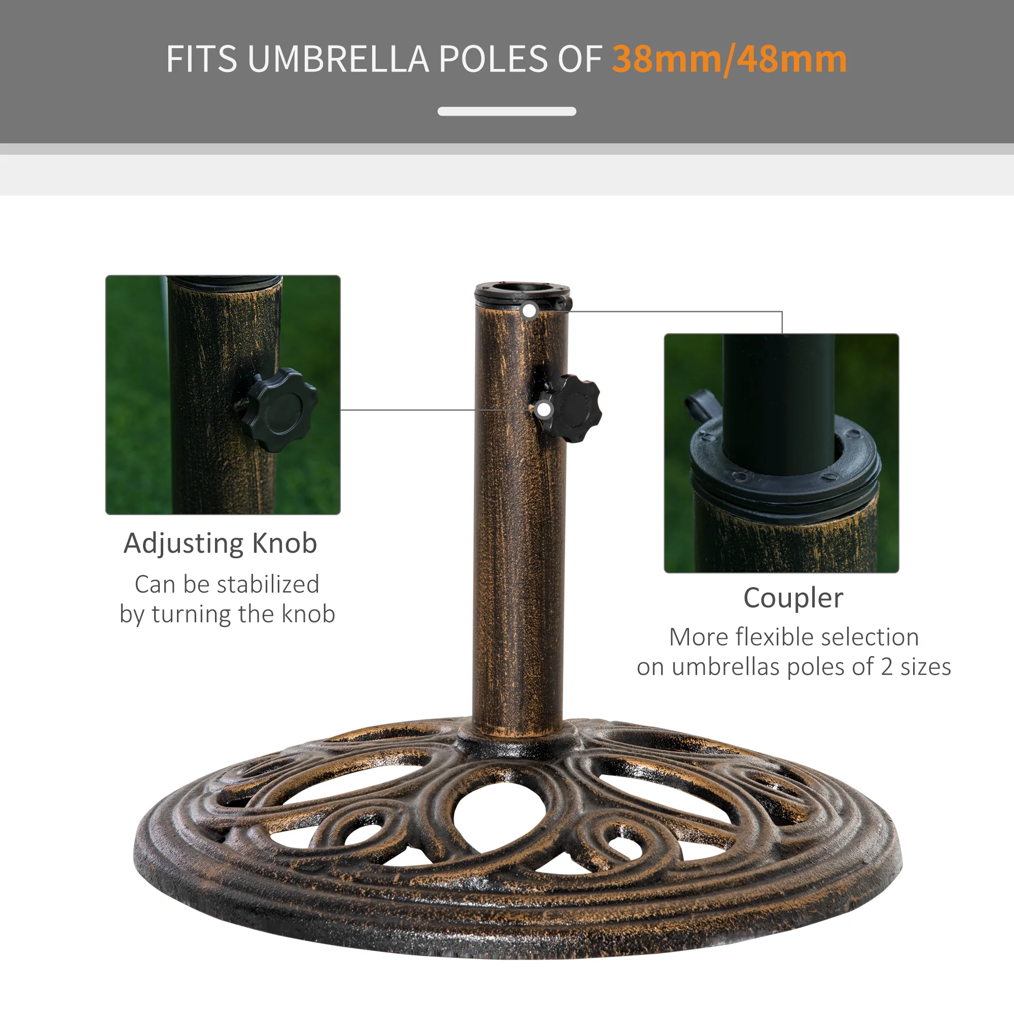 Outsunny Round Patio Umbrella Base Stand, Umbrella Holder, Bronze Tone - Image 4