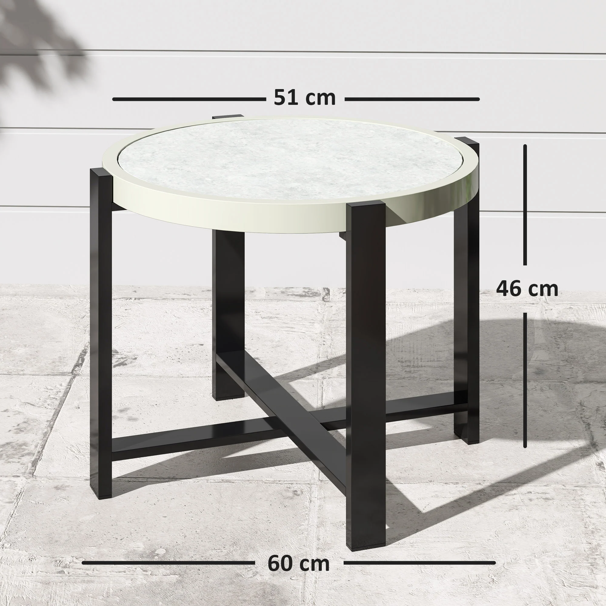 Outsunny Round Small Garden Table With Faux Marble Glass Top, Light Grey - Image 5