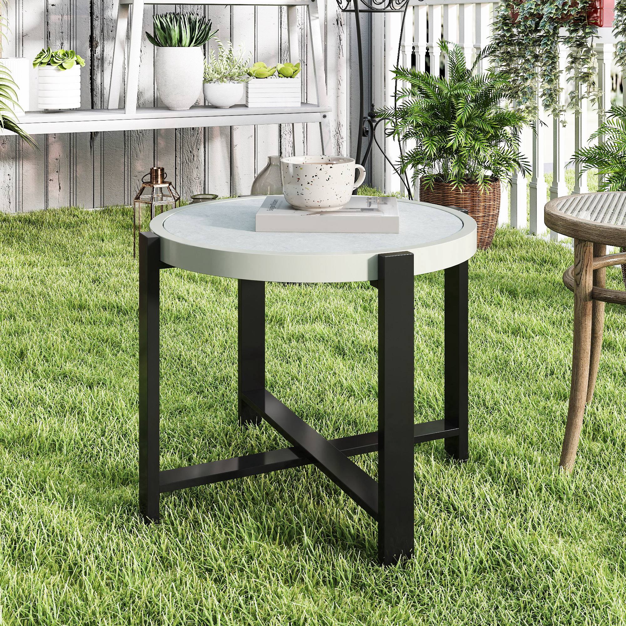 Outsunny Round Small Garden Table With Faux Marble Glass Top, Light Grey - Image 7