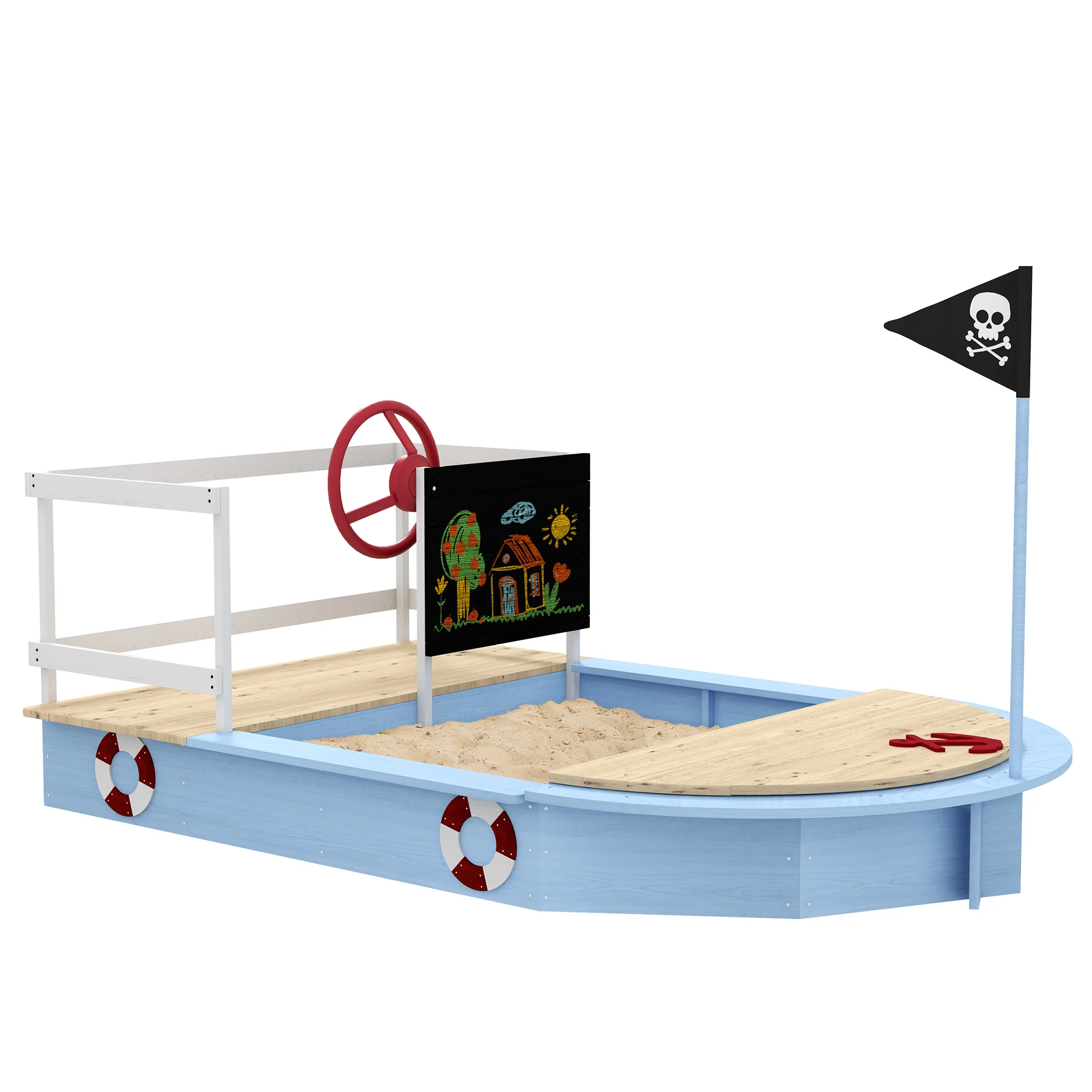 Outsunny Sand Pit With Blackboard, Flag, Storage Deck For Outdoor Play - Blue