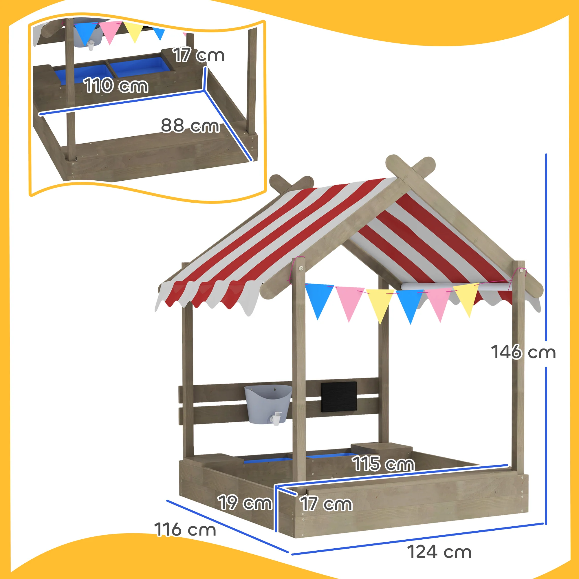 Outsunny Sand Pit with Canopy, Blackboard, Toys, Sink, Seats, Flags for Kids - Image 5