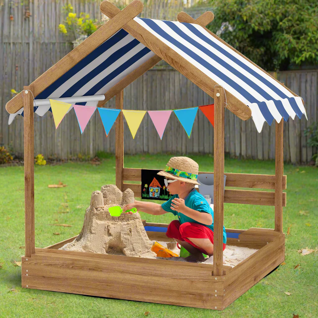 Outsunny Sand Pit With Canopy, Blackboard, Toys, Sink, Seats, Flags For Kids - Image 2