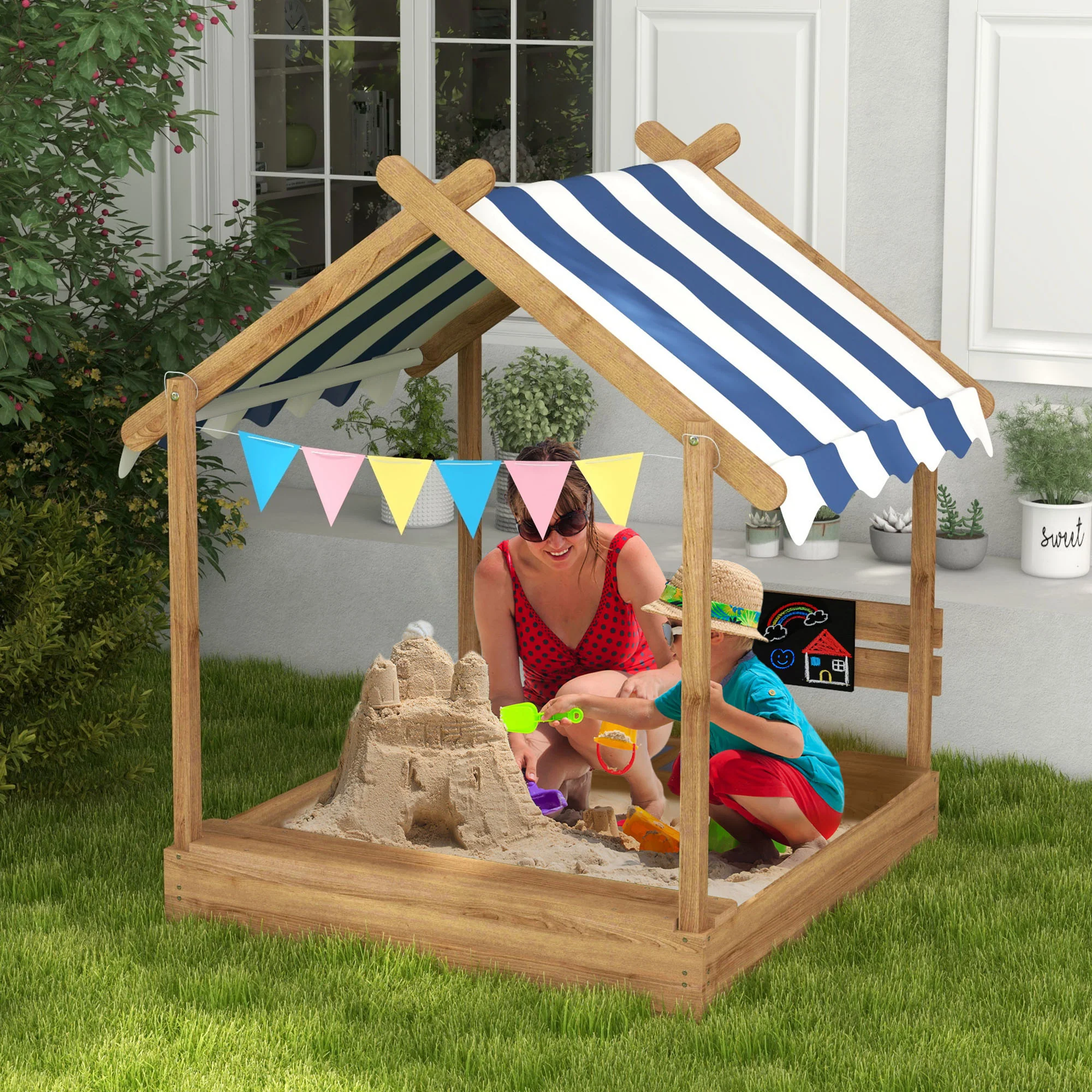 Outsunny Sand Pit With Canopy, Blackboard, Toys, Sink, Seats, Flags For Kids - Image 4