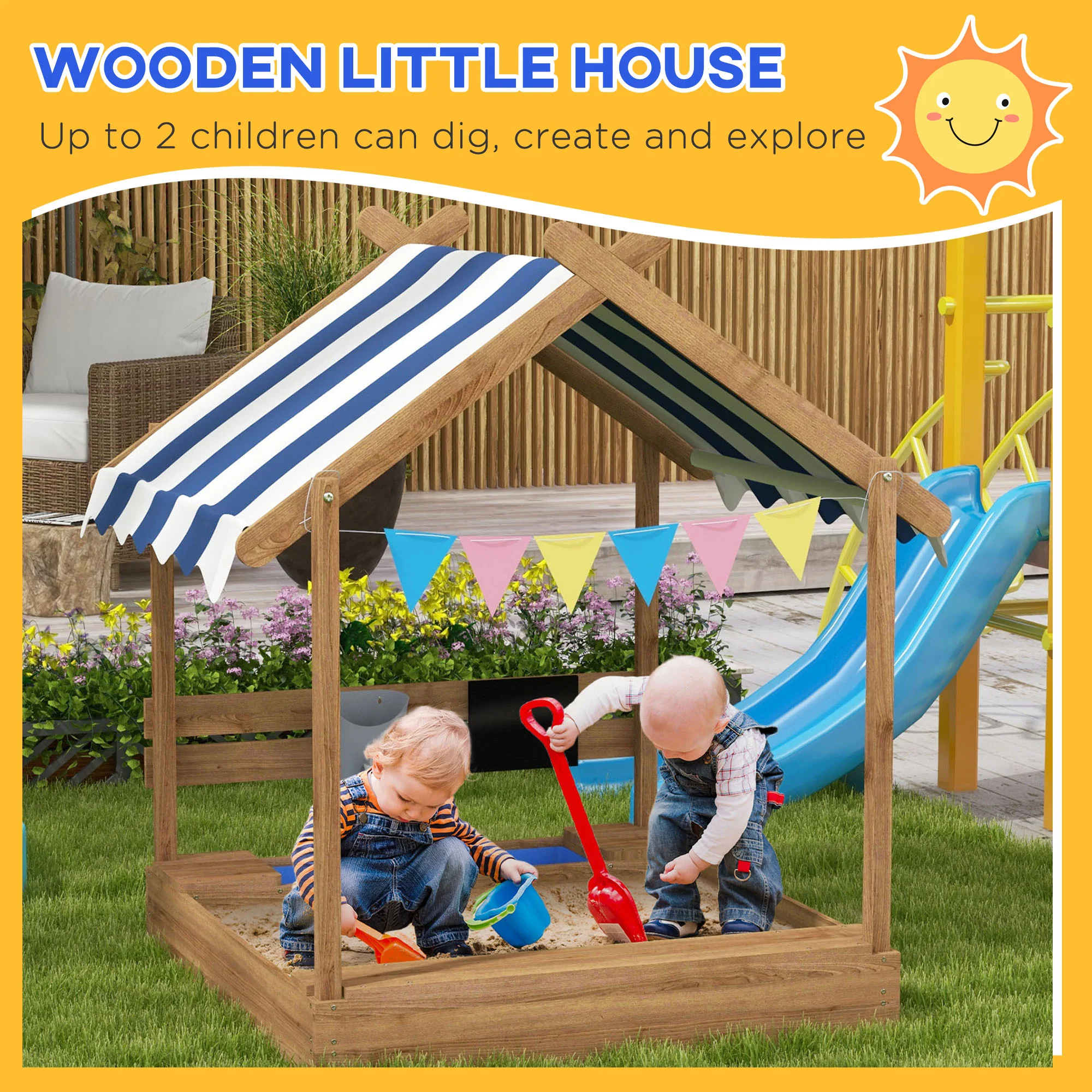 Outsunny Sand Pit With Canopy, Blackboard, Toys, Sink, Seats, Flags For Kids - Image 5