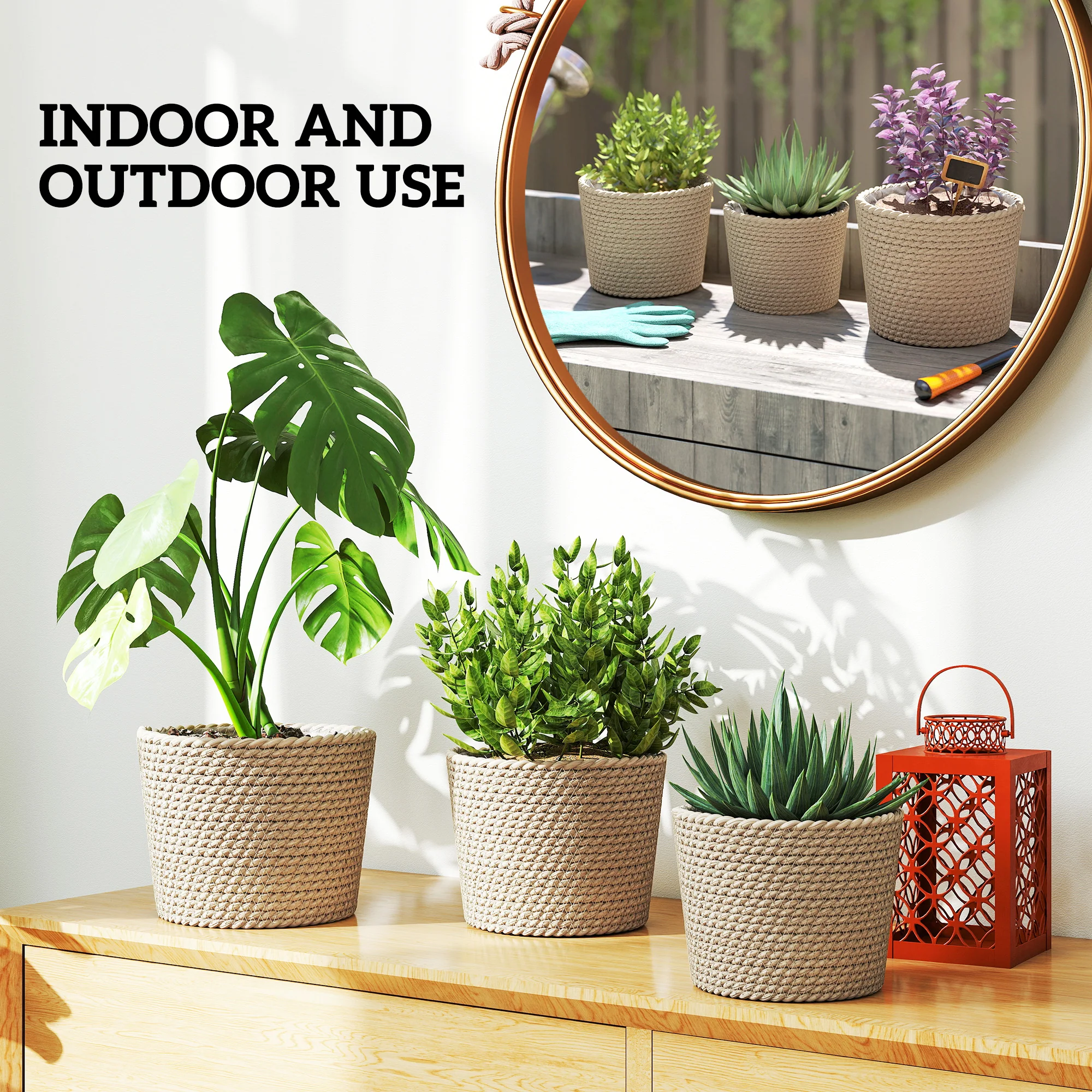 Outsunny Seagrass Plant Pots Flower Planters Bohemian Style Set of 3 Natural - Image 6