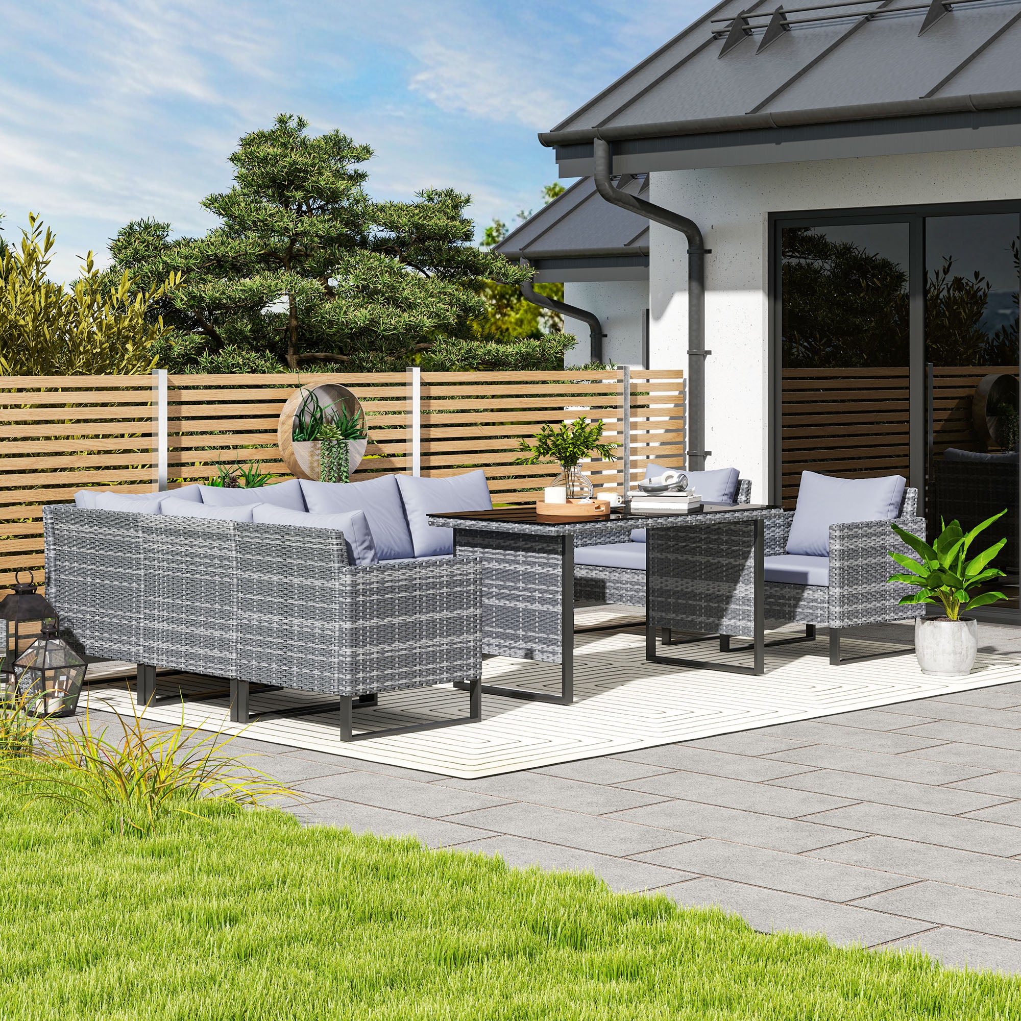 Outsunny Sectional Outdoor Furniture with Glass Top Table, Light Grey - Image 2