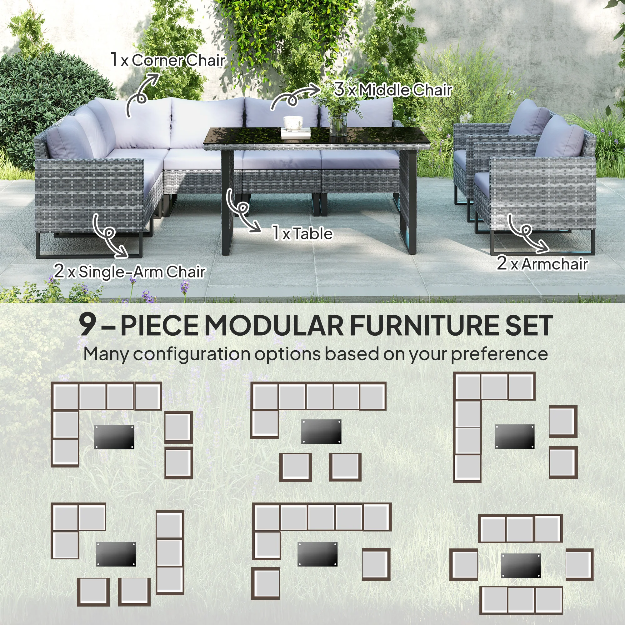 Outsunny Sectional Outdoor Furniture with Glass Top Table, Light Grey - Image 3