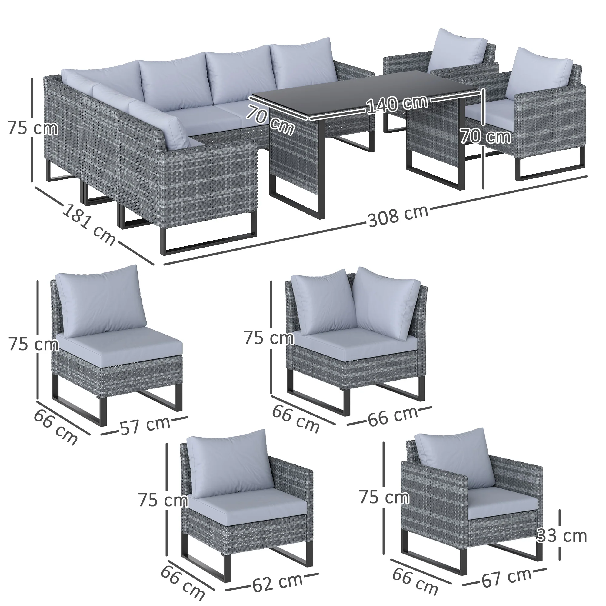 Outsunny Sectional Outdoor Furniture with Glass Top Table, Light Grey - Image 5