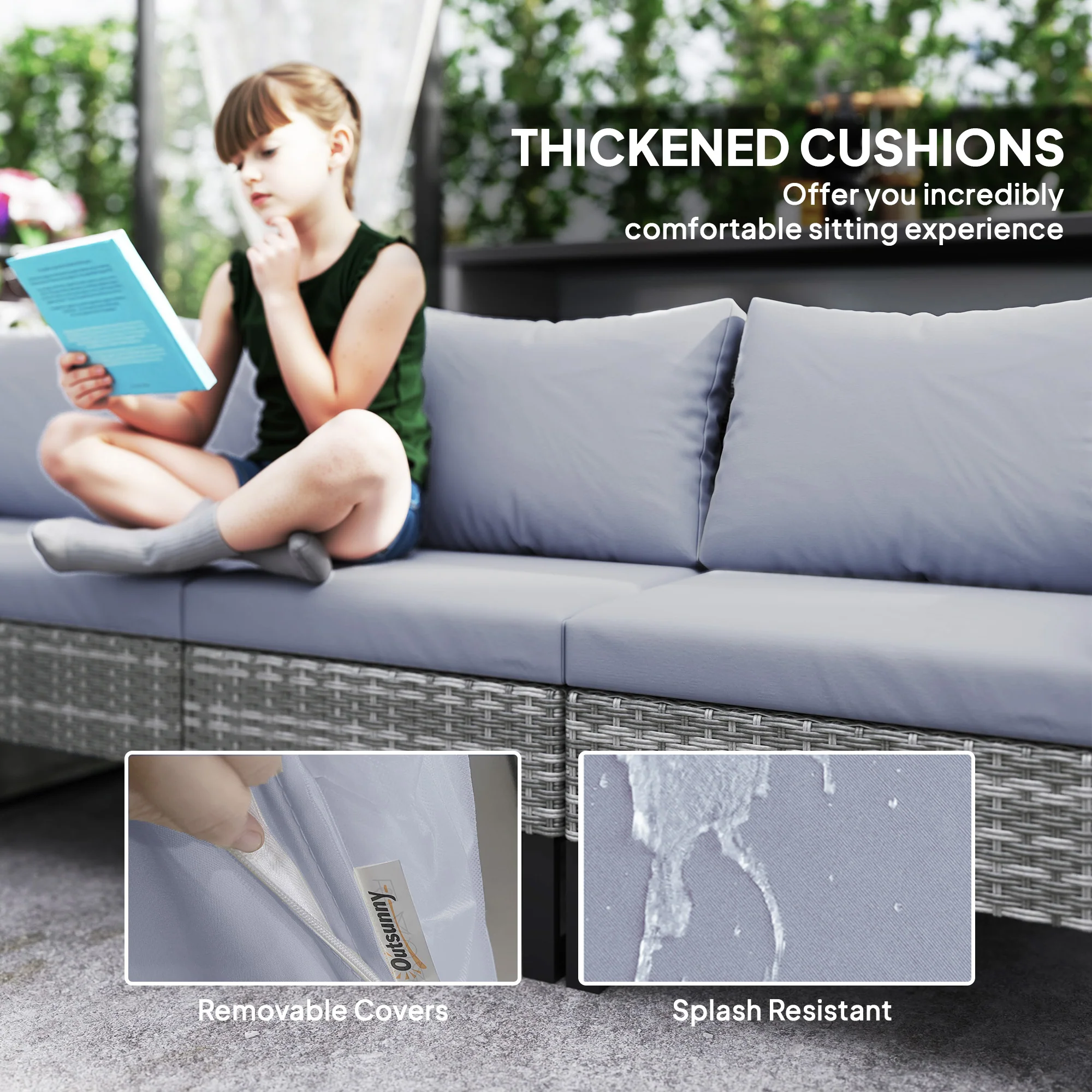 Outsunny Sectional Outdoor Furniture with Glass Top Table, Light Grey - Image 6