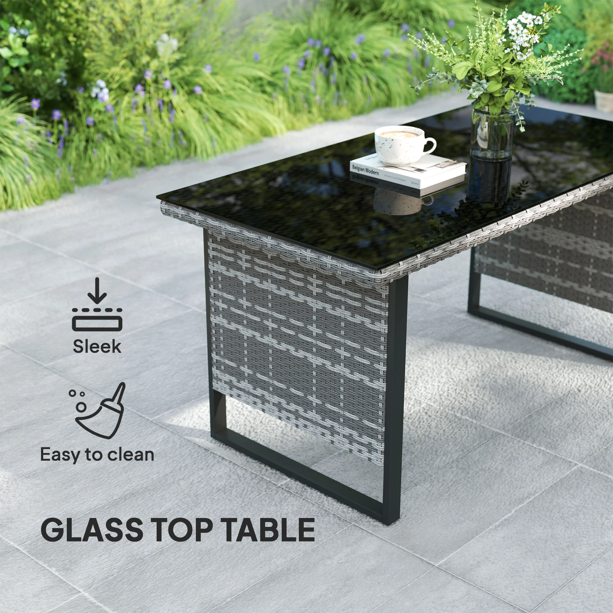 Outsunny Sectional Outdoor Furniture with Glass Top Table, Light Grey - Image 7