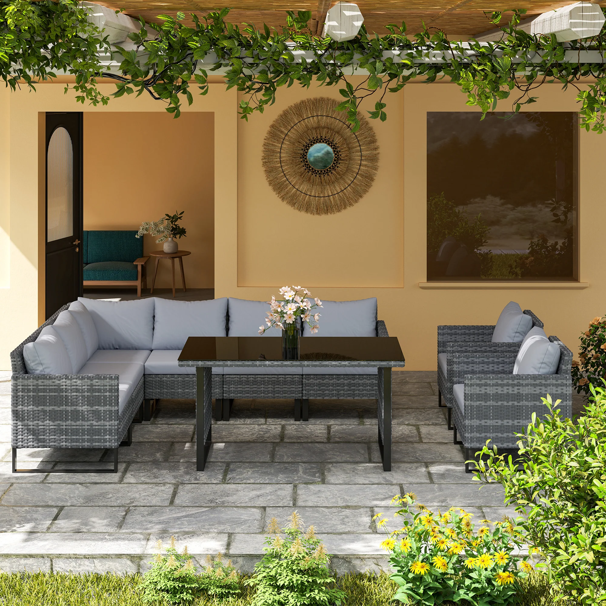 Outsunny Sectional Outdoor Furniture with Glass Top Table, Light Grey - Image 8
