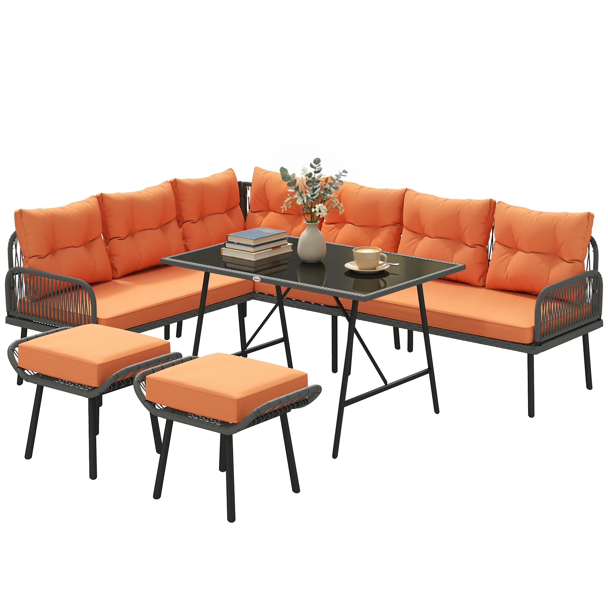 Outsunny Sectional Outdoor Furniture with Glass Top Table, Orange