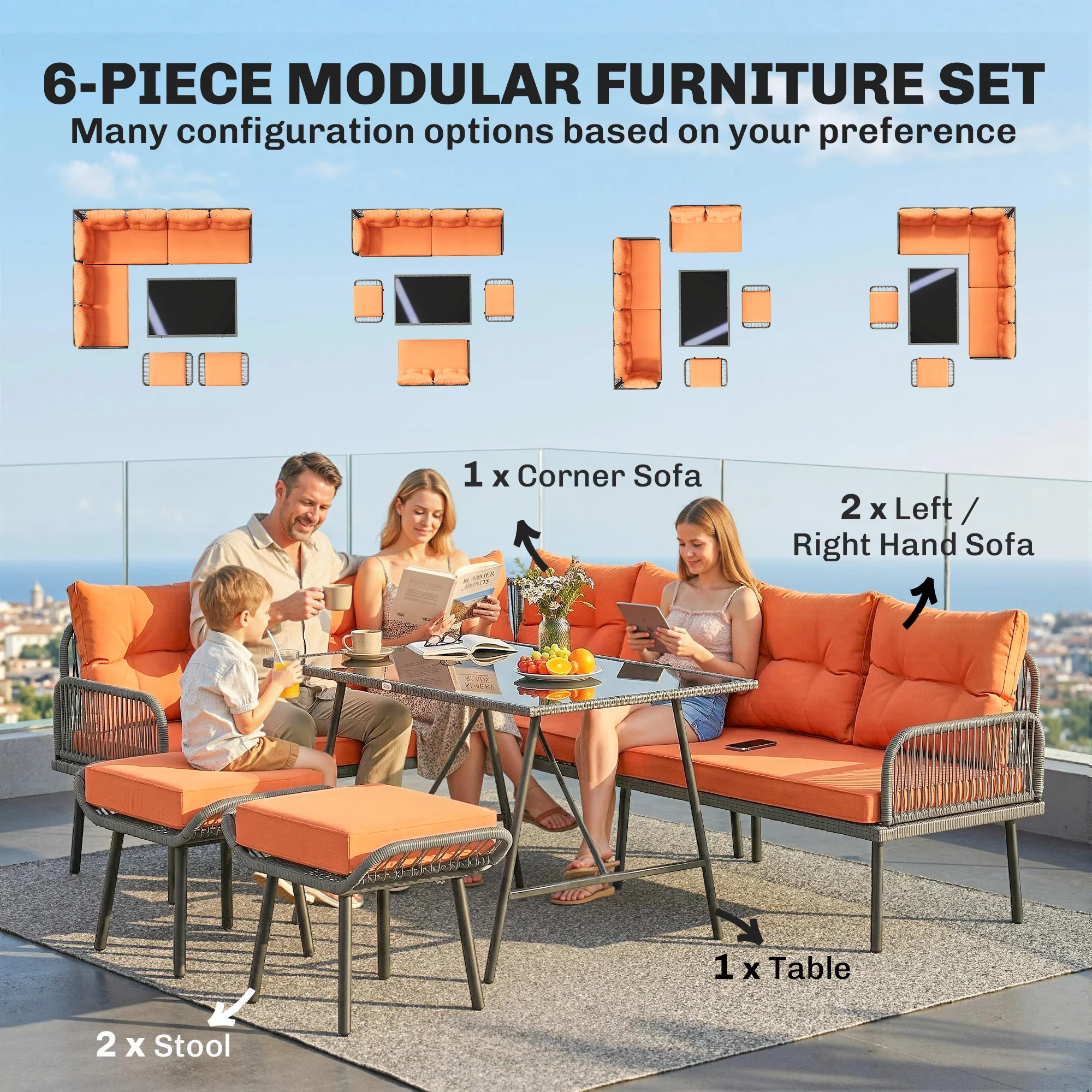 Outsunny Sectional Outdoor Furniture with Glass Top Table, Orange - Image 3