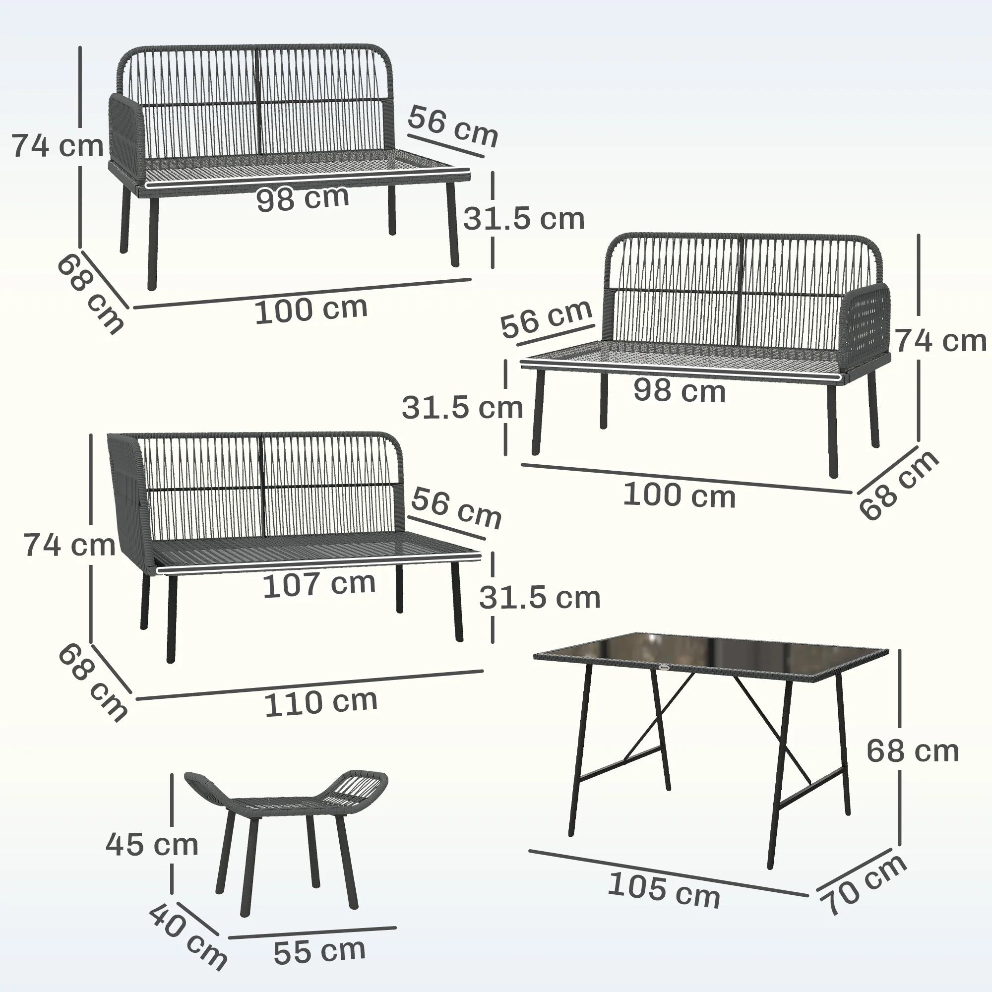 Outsunny Sectional Outdoor Furniture with Glass Top Table, Orange - Image 5
