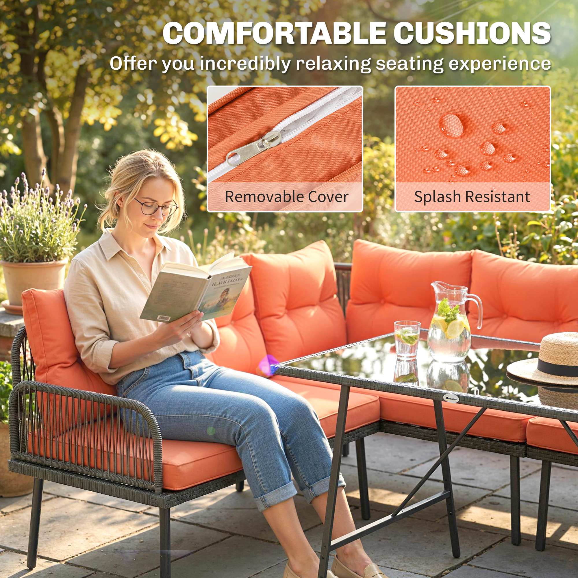 Outsunny Sectional Outdoor Furniture with Glass Top Table, Orange - Image 6