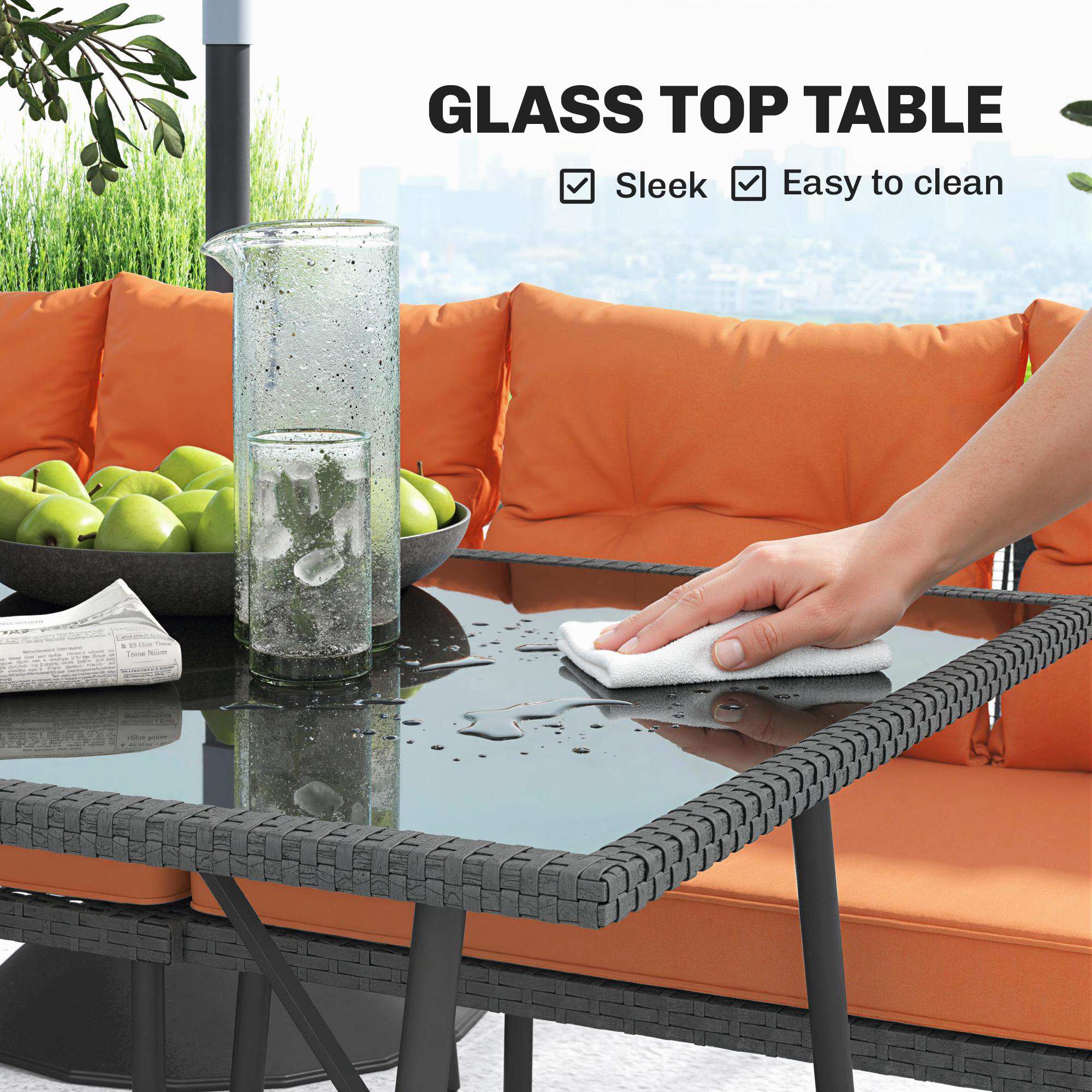 Outsunny Sectional Outdoor Furniture with Glass Top Table, Orange - Image 7