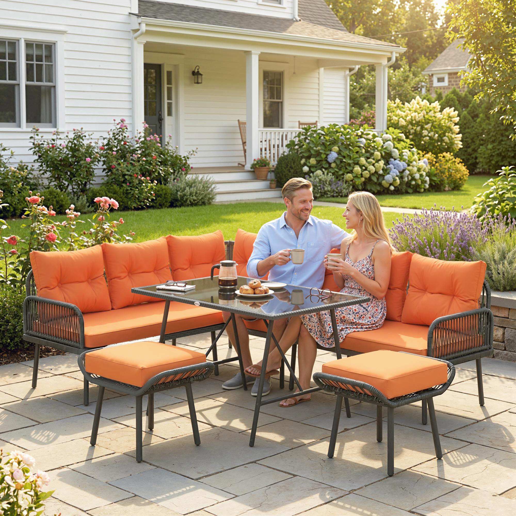 Outsunny Sectional Outdoor Furniture with Glass Top Table, Orange - Image 8