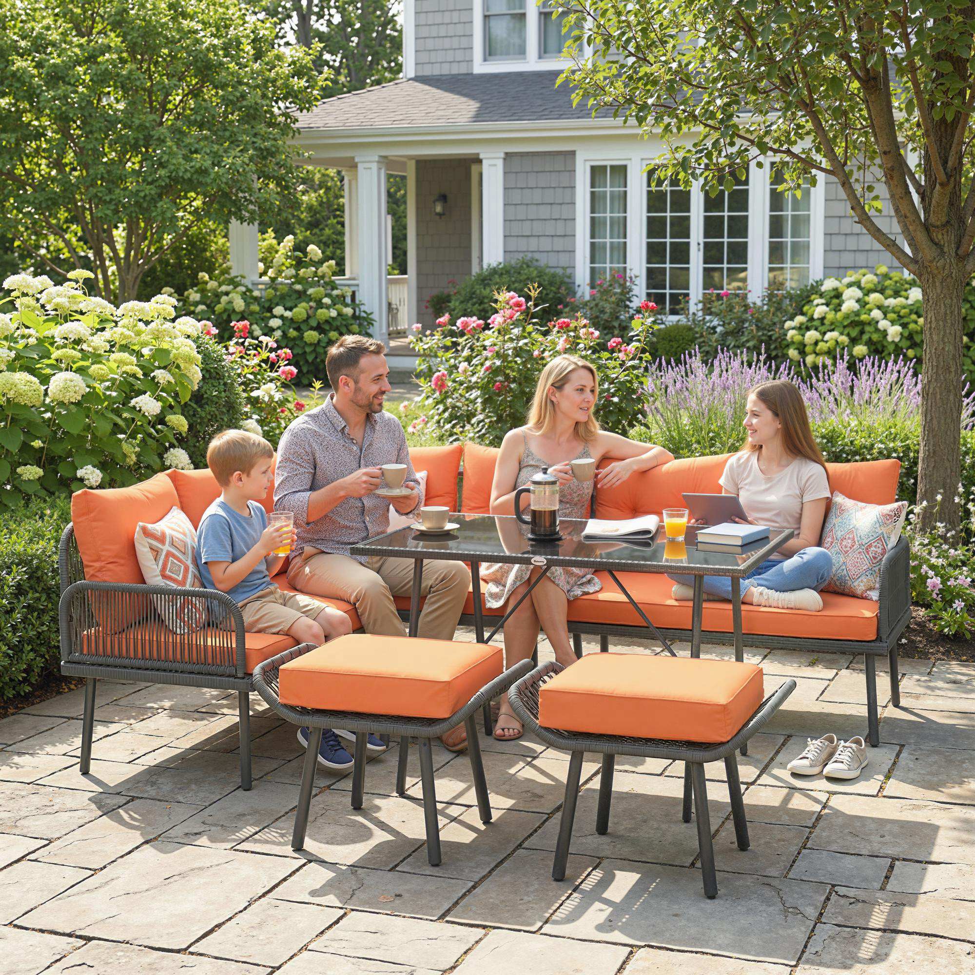 Outsunny Sectional Outdoor Furniture with Glass Top Table, Orange - Image 9