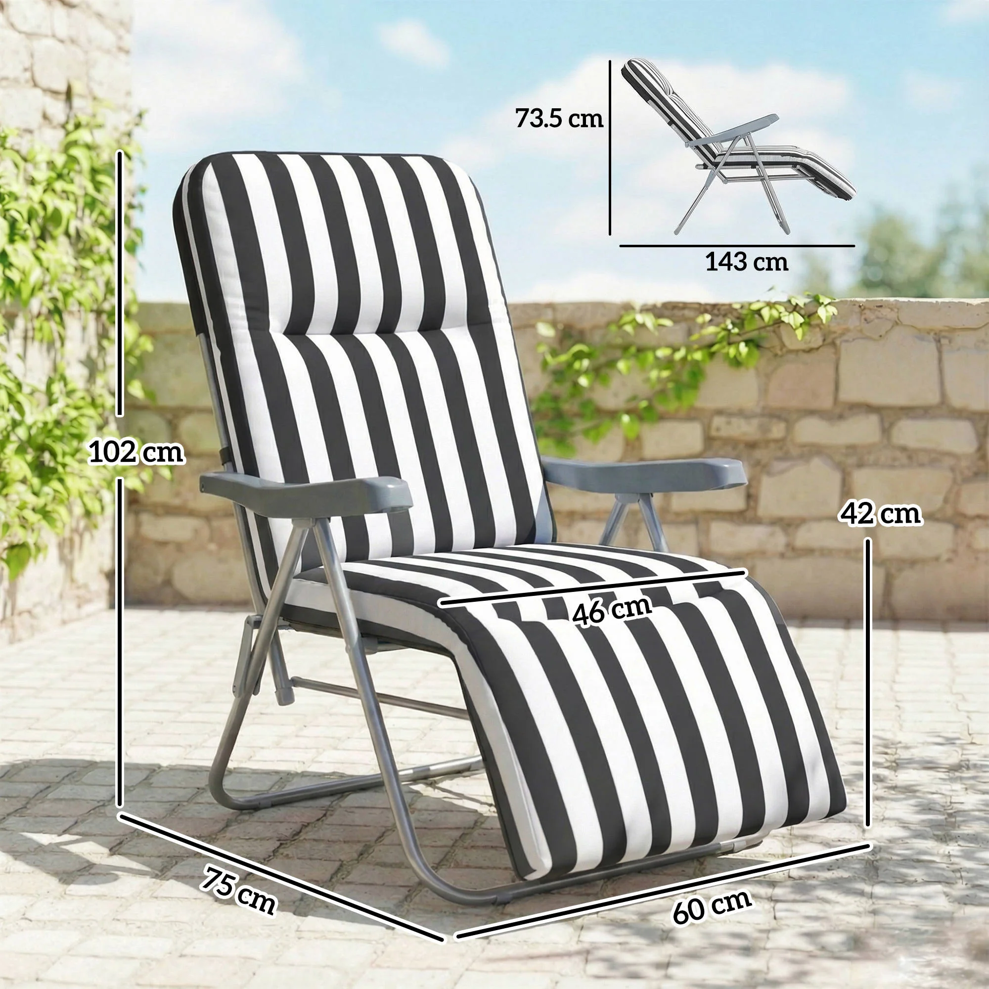 Outsunny Set of 2 Adjustable Sun Lounger Recliner Reclining Seat Grey Stripe - Image 3