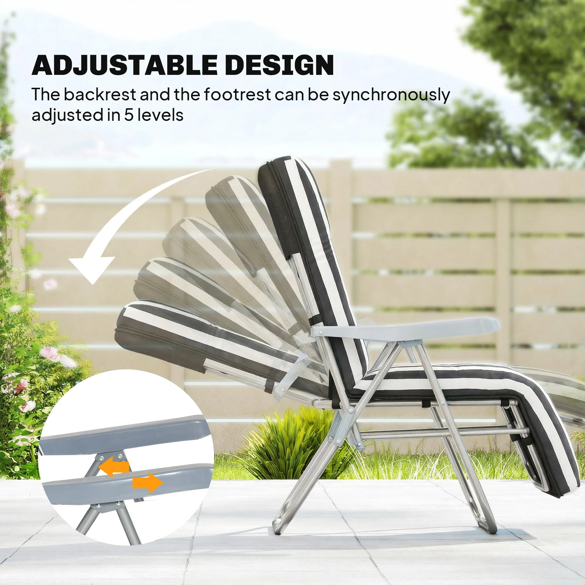 Outsunny Set of 2 Adjustable Sun Lounger Recliner Reclining Seat Grey Stripe - Image 4